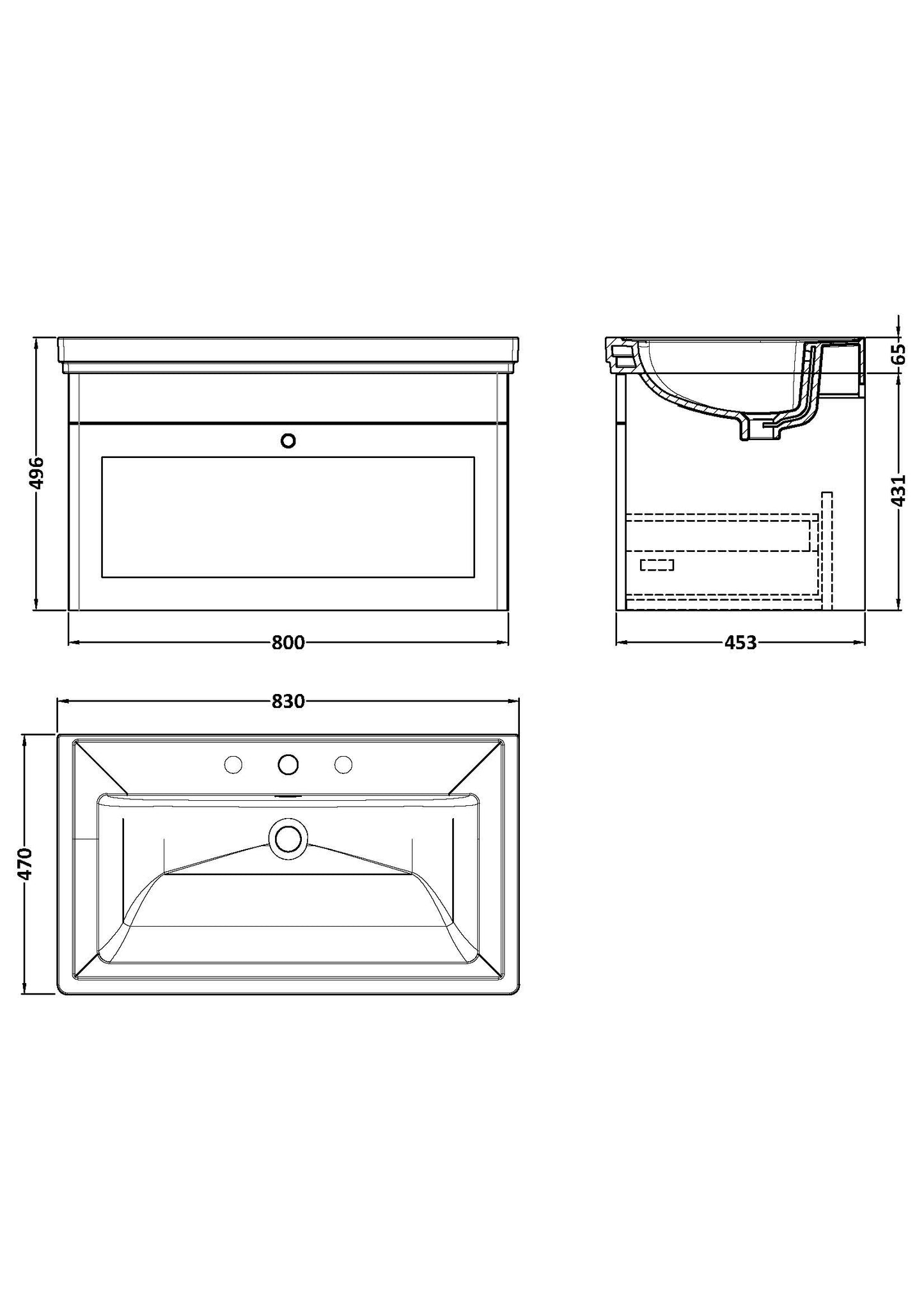 NUIE 800mm Wall Hung 1-Drawer Vanity & Basin 3TH