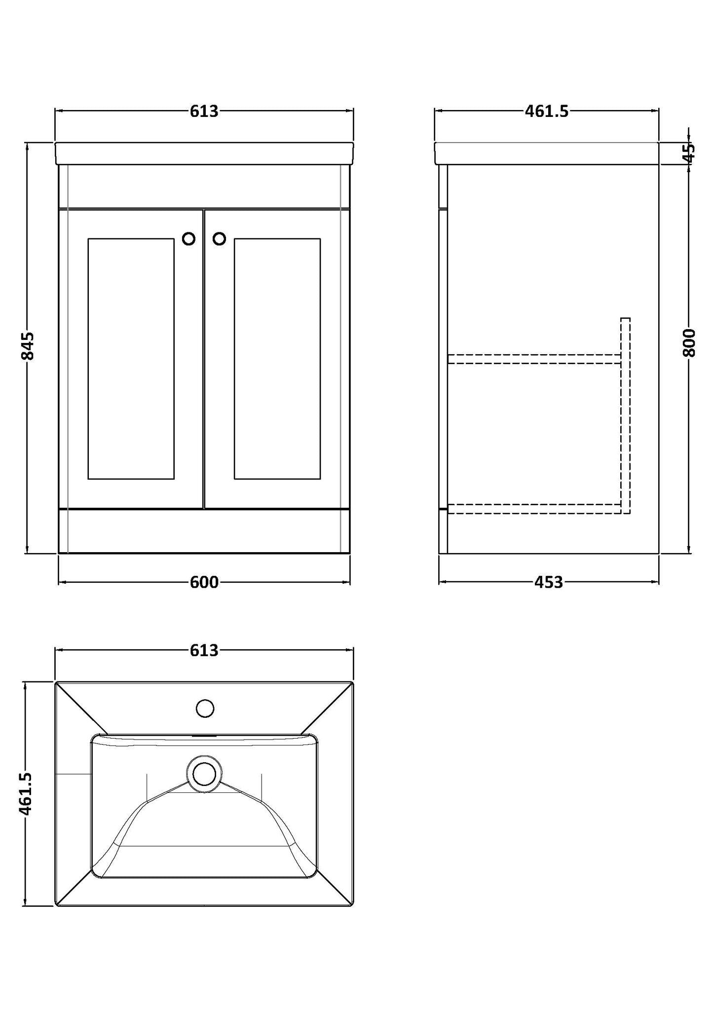 NUIE 600mm Floor Standing 2-Door Vanity with Basin - 1 Tap Hole