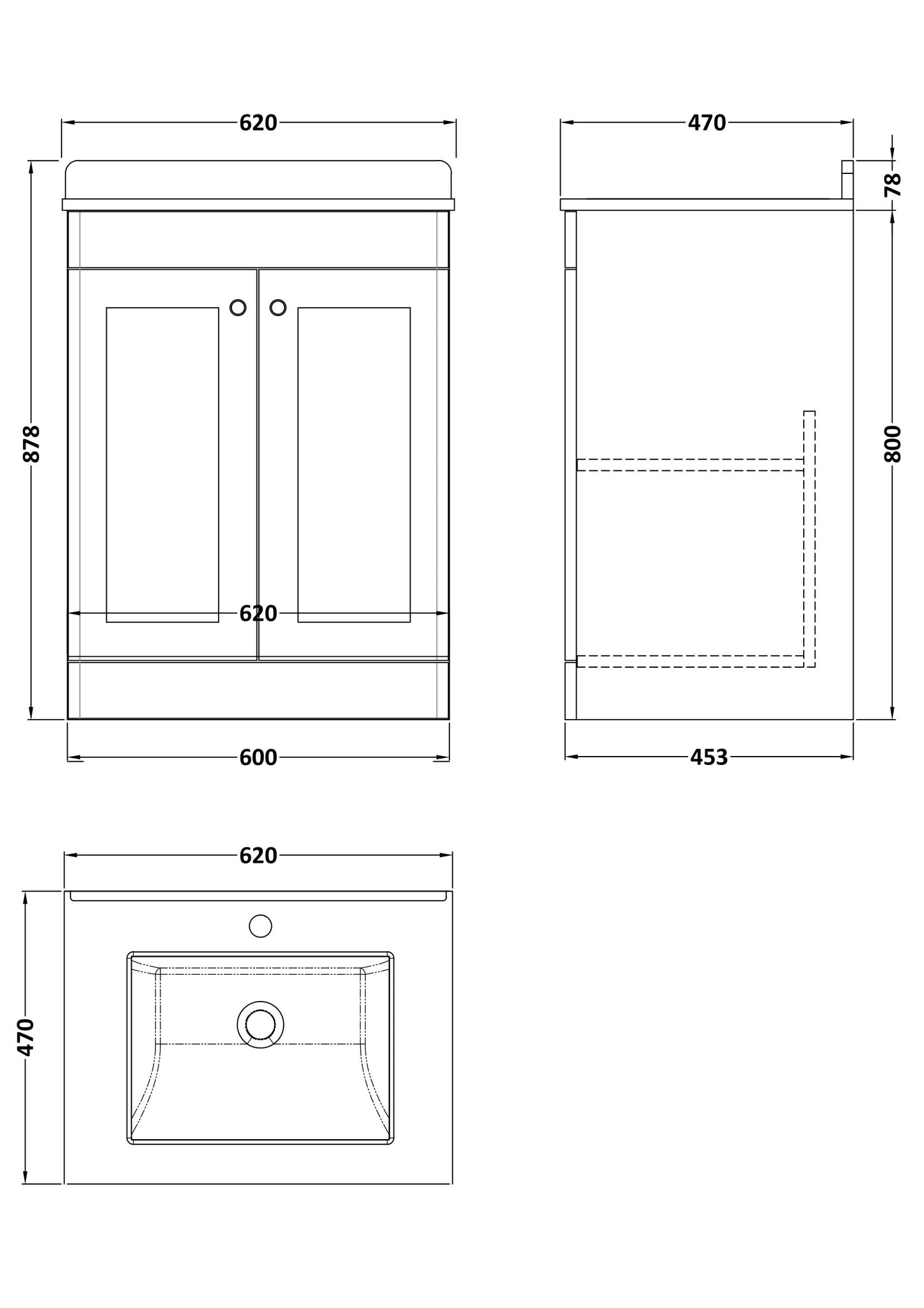 NUIE 600mm Floor Standing 2 Door Vanity & Marble Top 1TH