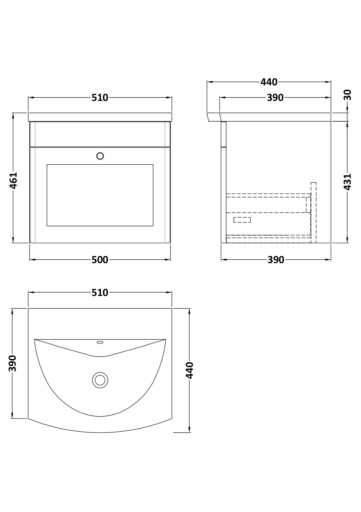 NUIE 500mm Wall Hung 1-Drawer Unit & Curved Basin