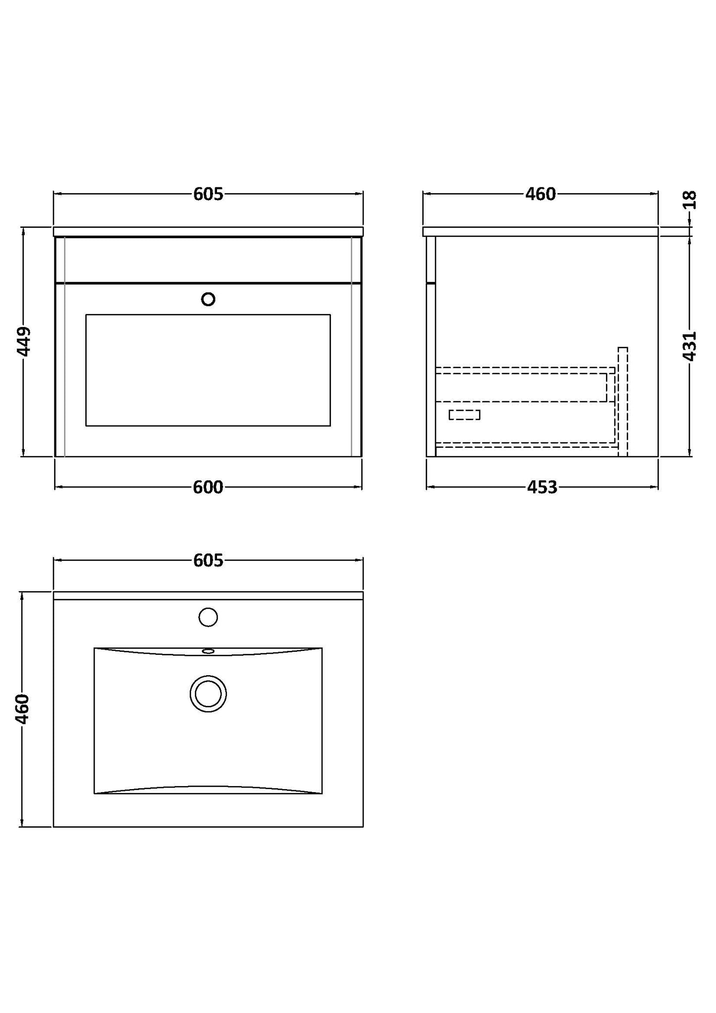 NUIE 600mm Wall Hung 1-Drawer Vanity with Basin - 1 Tap Hole