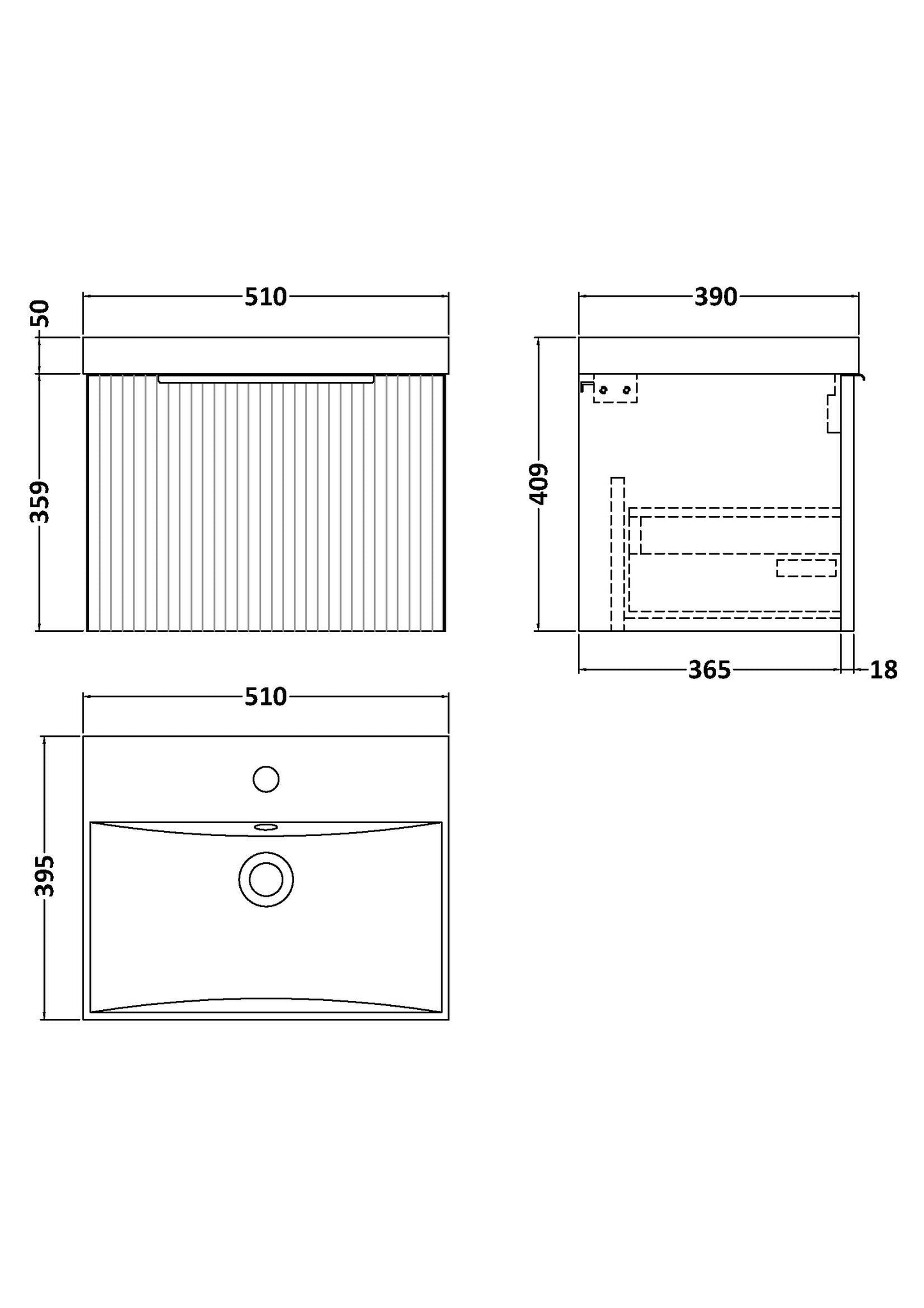 Hudson Reed 500mm Wall Hung Single Drawer Vanity & Basin 3