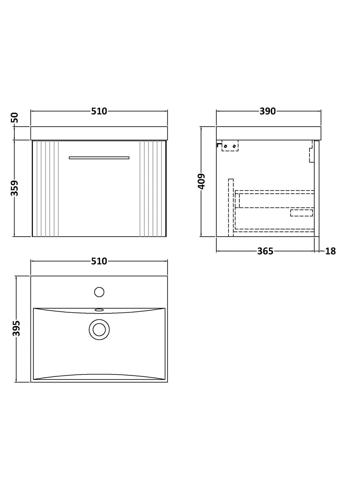 NUIE 500mm Wall Hung Single Drawer Vanity & Basin 3