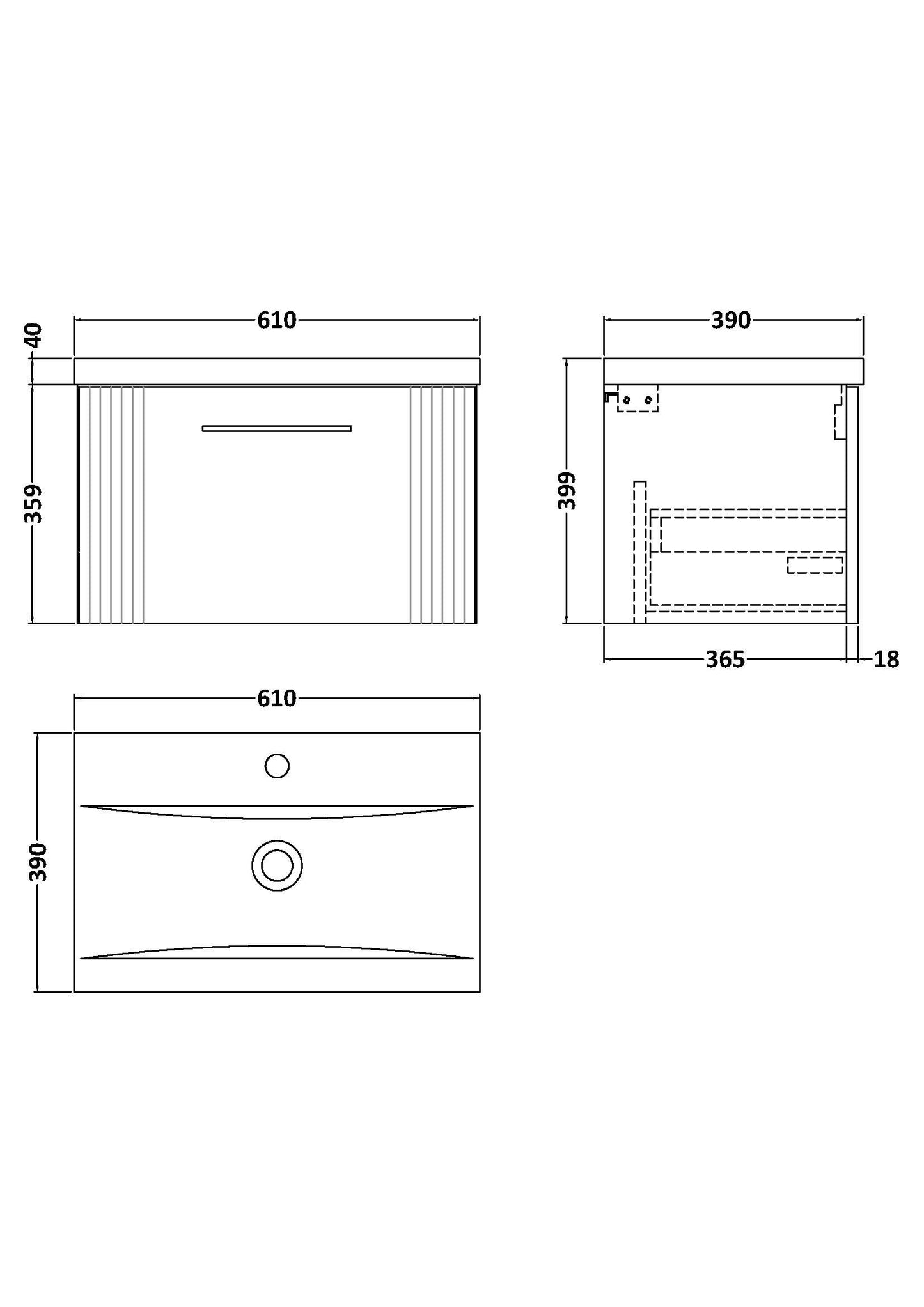 NUIE 600mm Wall Hung Single Drawer Vanity & Basin 1