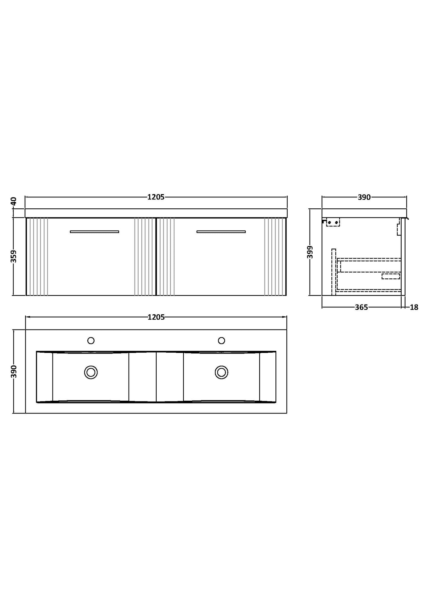 NUIE 1200mm Wall Hung 2 Drawer Vanity & Double Basin