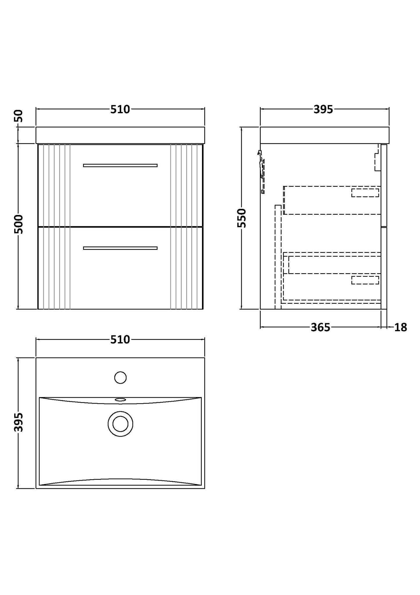 NUIE 500mm Wall Hung 2 Drawer Vanity & Basin 3
