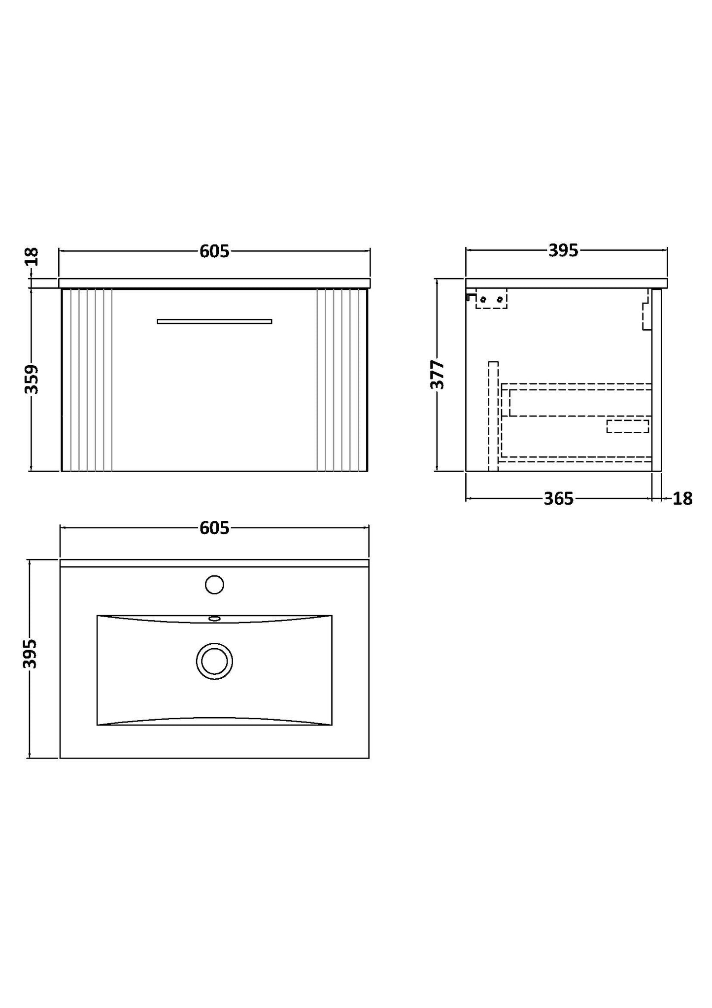 NUIE 600mm Wall Hung Single Drawer Vanity & Basin 2