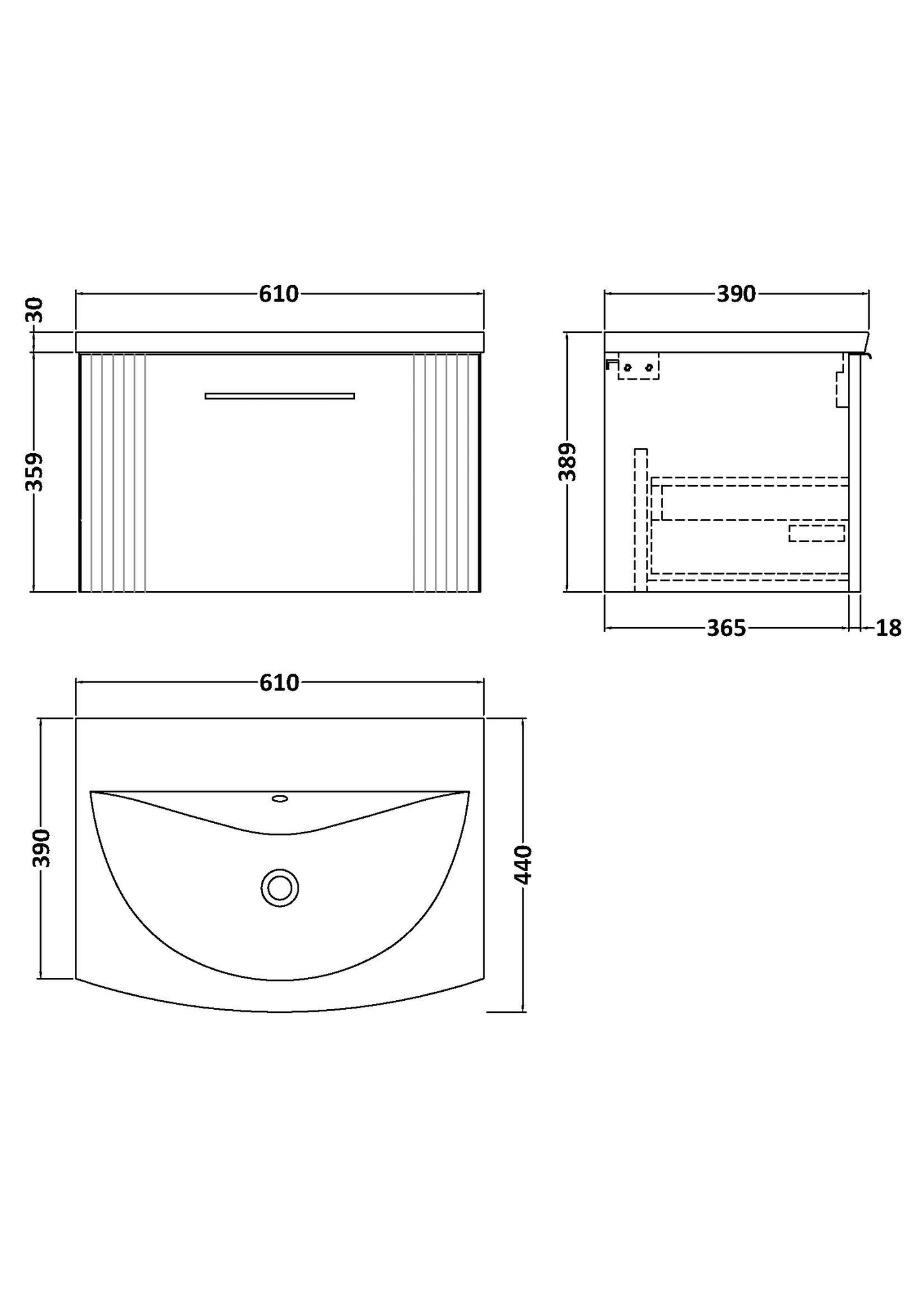 NUIE 600mm Wall Hung Single Drawer Vanity & Basin 4