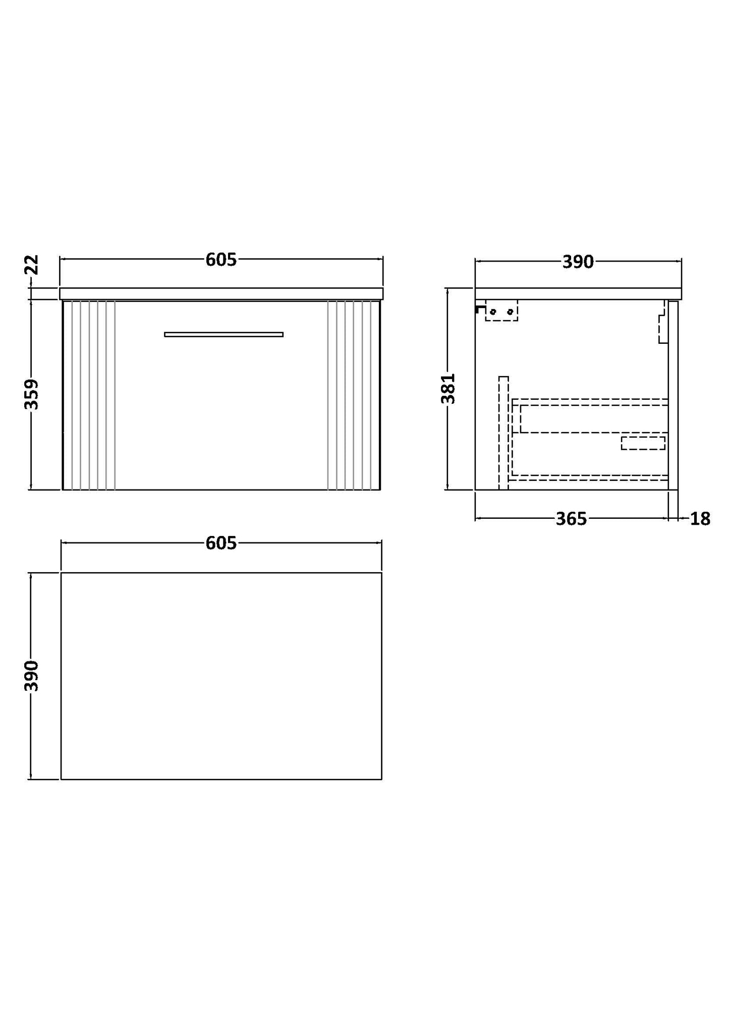 NUIE 600mm Wall Hung Single Drawer Vanity & Laminate Top