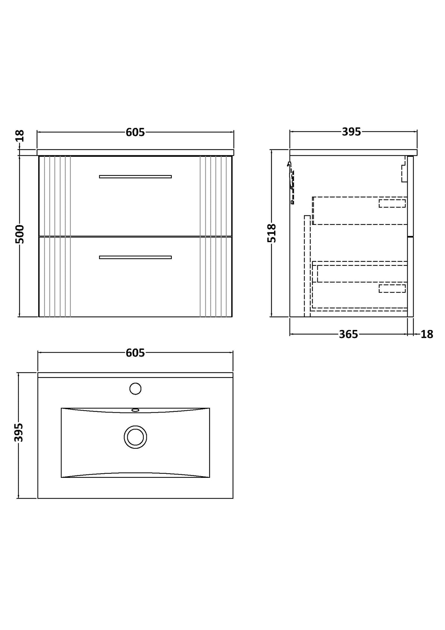 NUIE 600mm Wall Hung 2 Drawer Vanity & Basin 2
