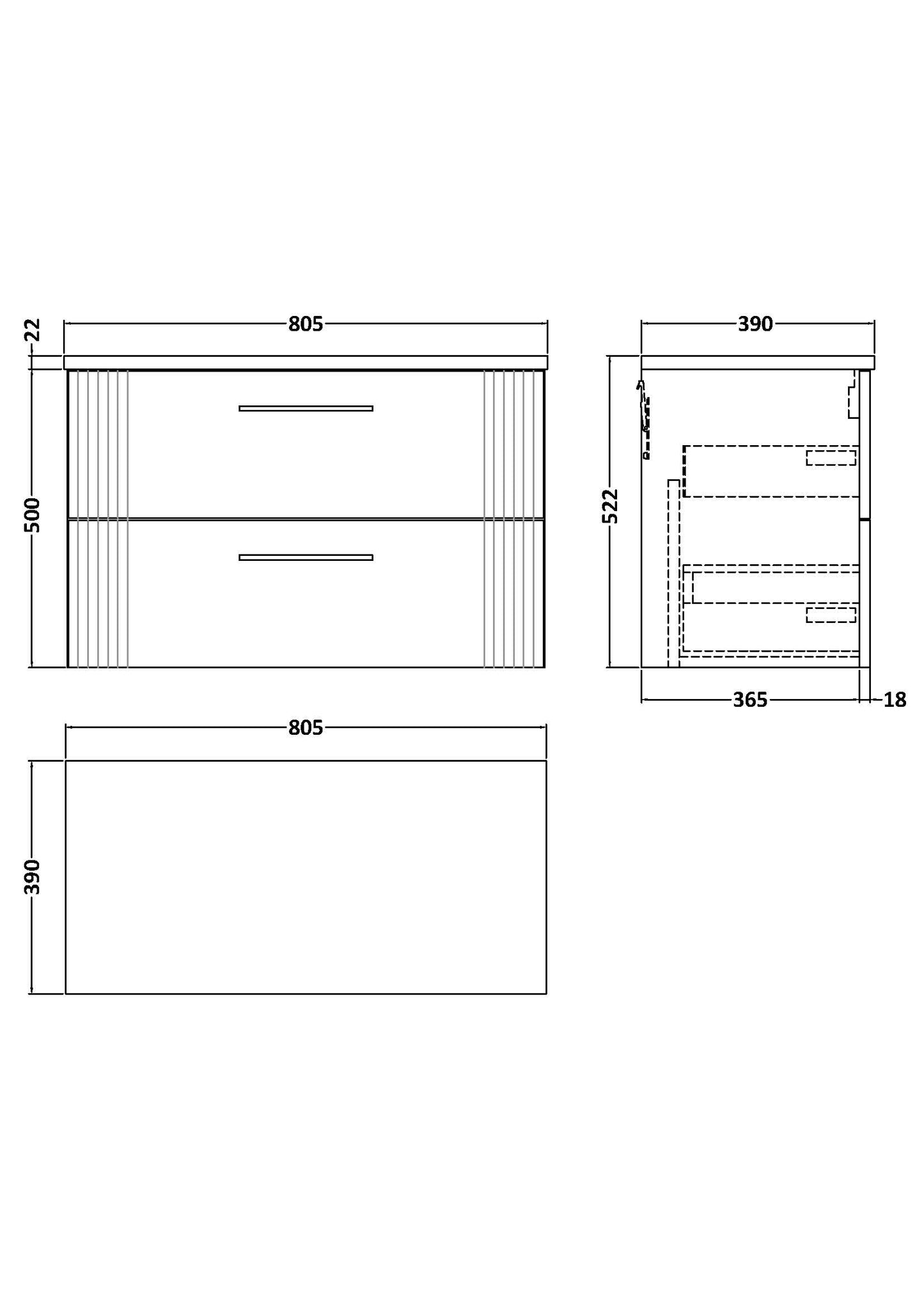 NUIE 800mm Wall Hung 2 Drawer Vanity & Laminate Top