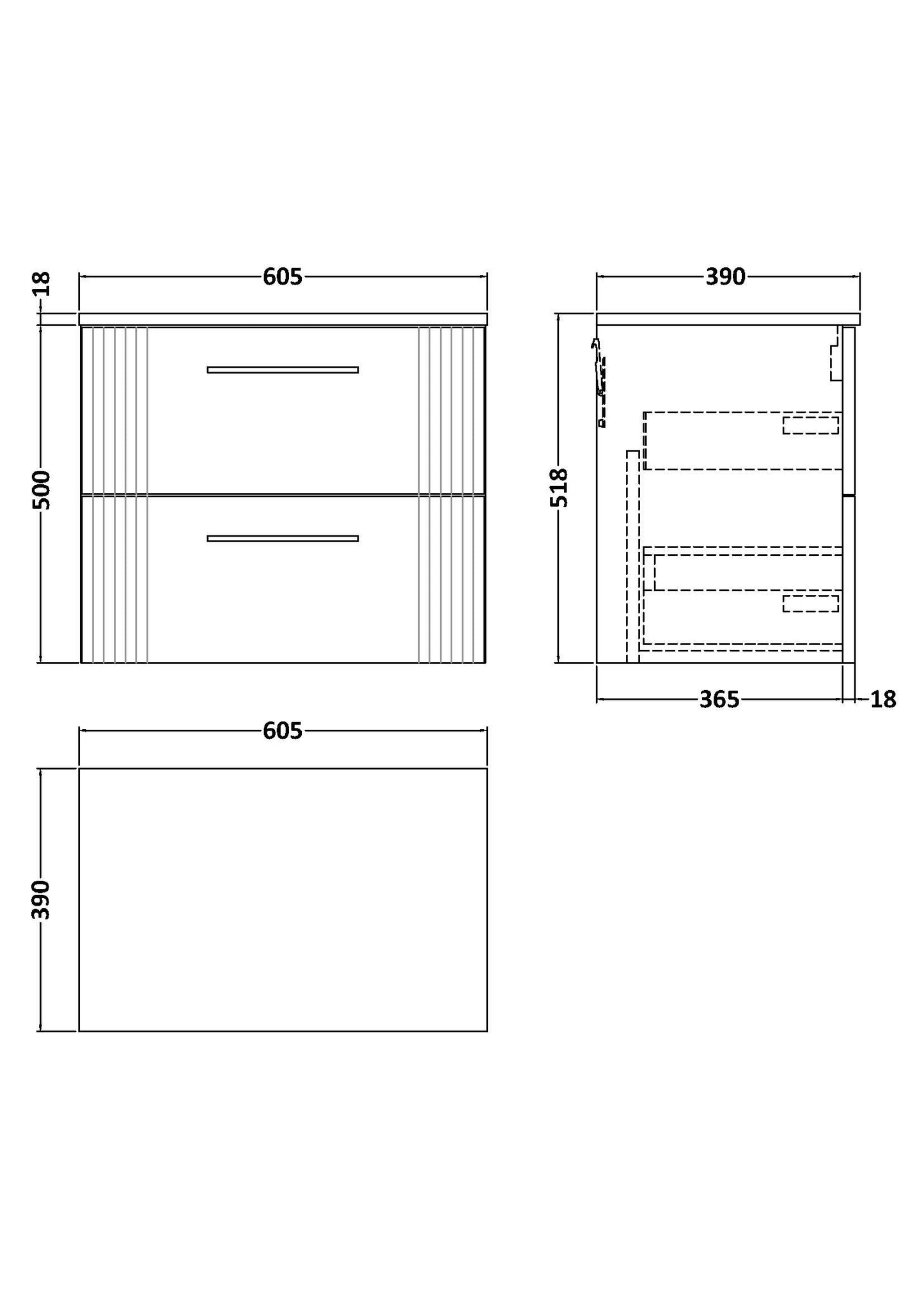 NUIE 600mm Wall Hung 2 Drawer Vanity & Worktop