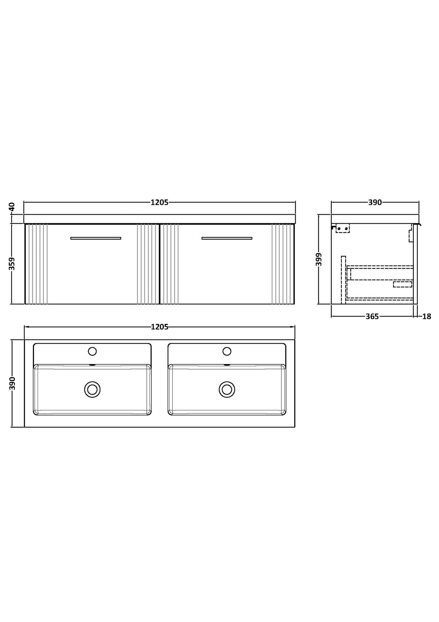 NUIE 1200mm Wall Hung 2 Drawer Vanity & Double Basin