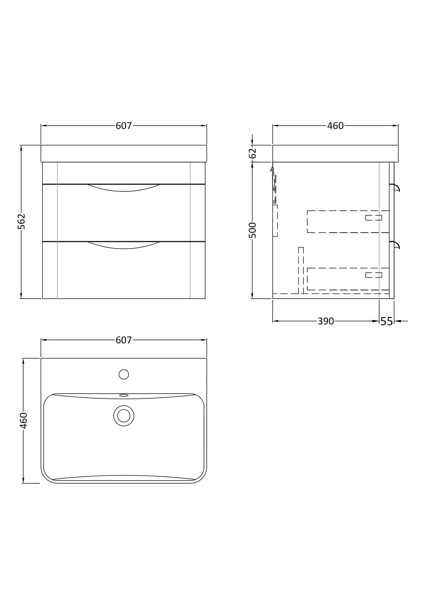 NUIE 600mm Wall Hung Vanity & Thin Edge Ceramic Basin