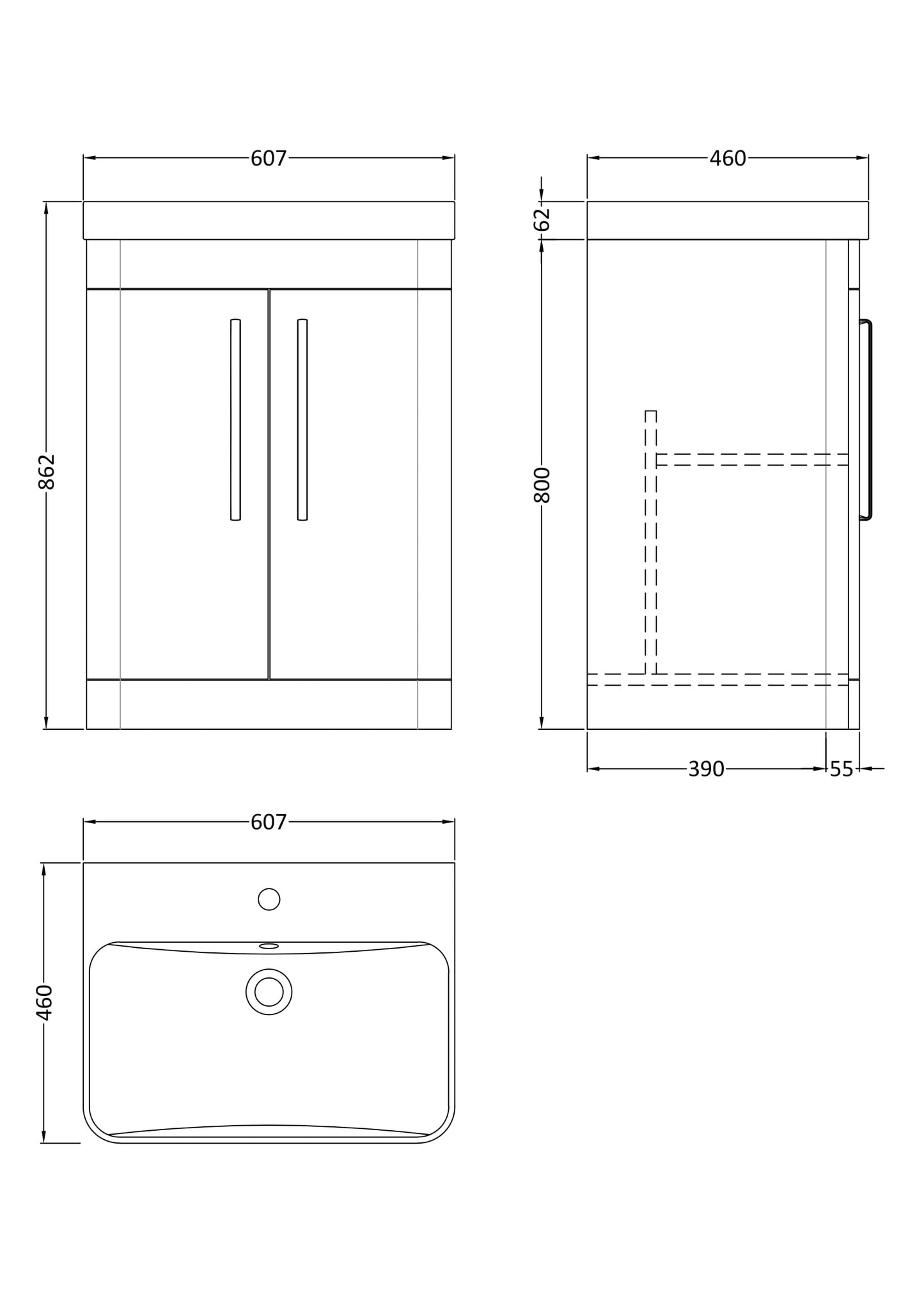 NUIE 600mm Floor Standing 2 Door Vanity & Thin Edge Ceramic Basin