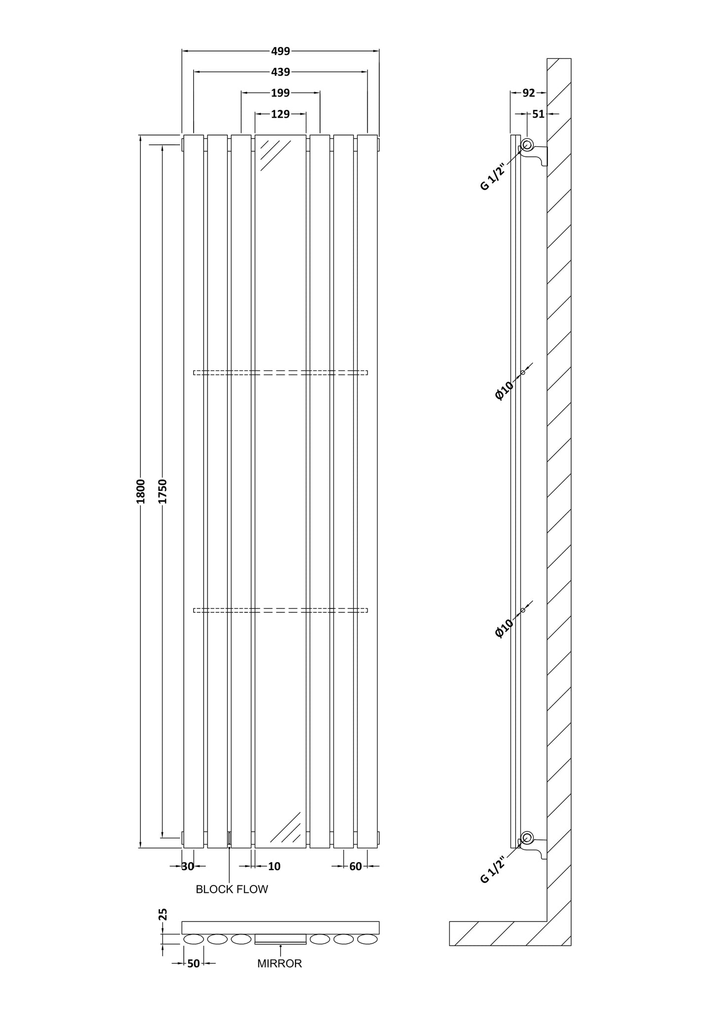 NUIE Single Panel Radiator With Mirror 1800 x 499