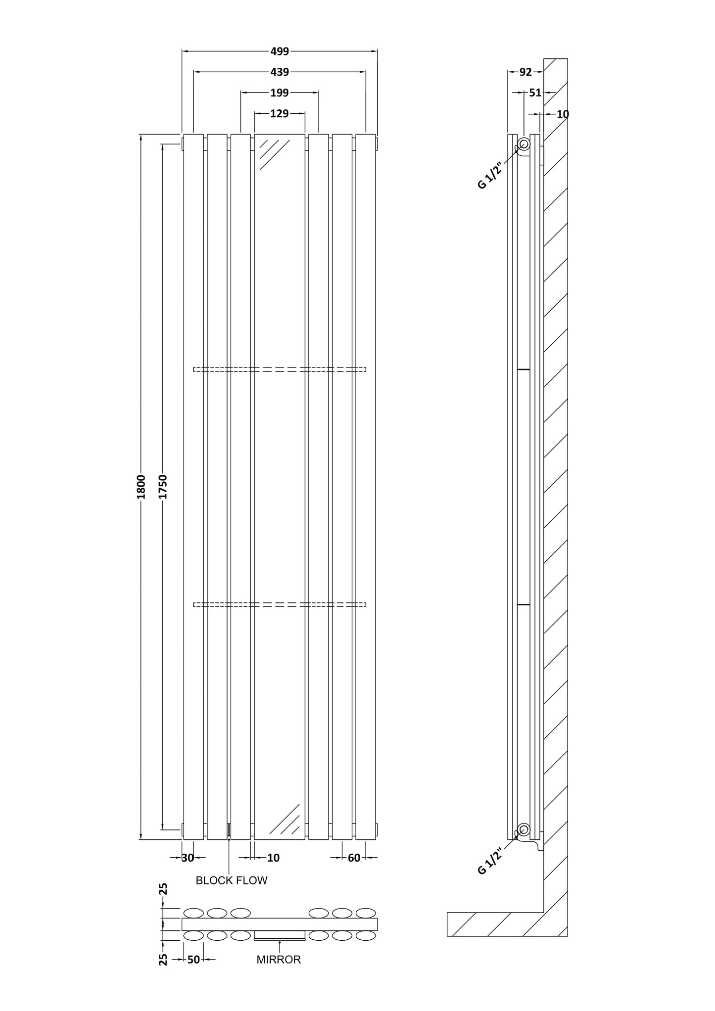 NUIE Double Panel Radiator With Mirror 1800 x 499