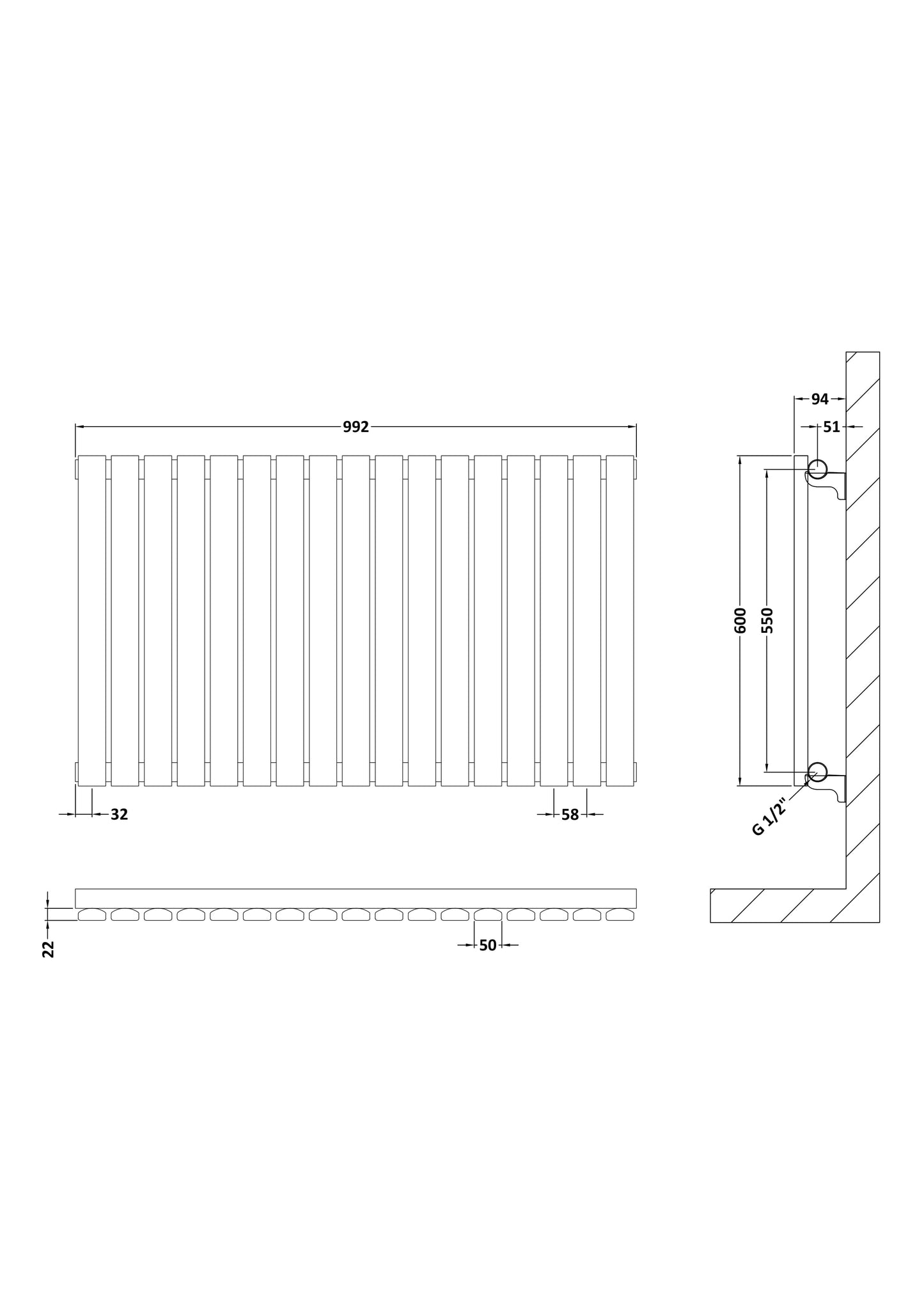 NUIE Horizontal Single Panel Radiator 600 x 992