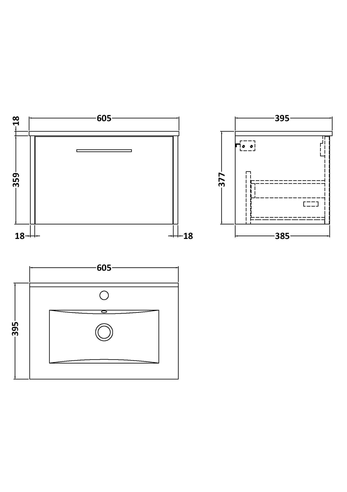 Hudson Reed 600mm Wall Hung Single Drawer Vanity & Basin 2