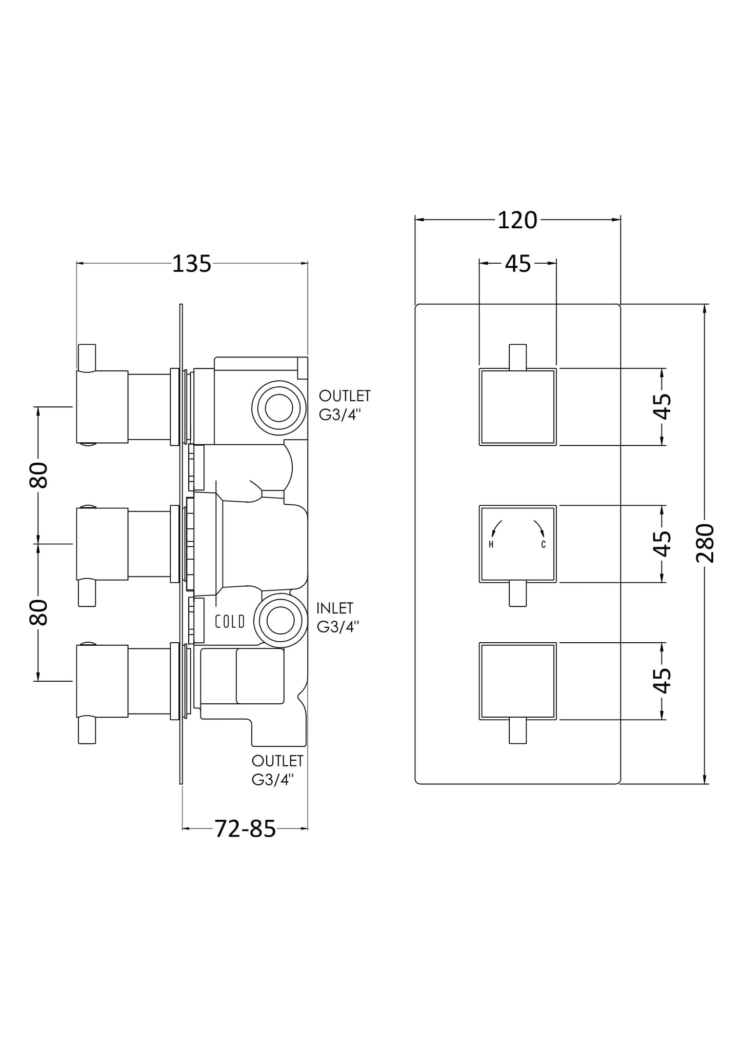 NUIE Triple Thermostatic Shower Valve With Diverter