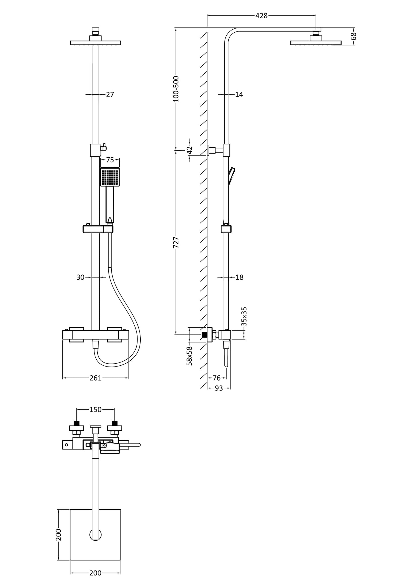 NUIE Square Thermostatic Bar Valve & Shower Kit