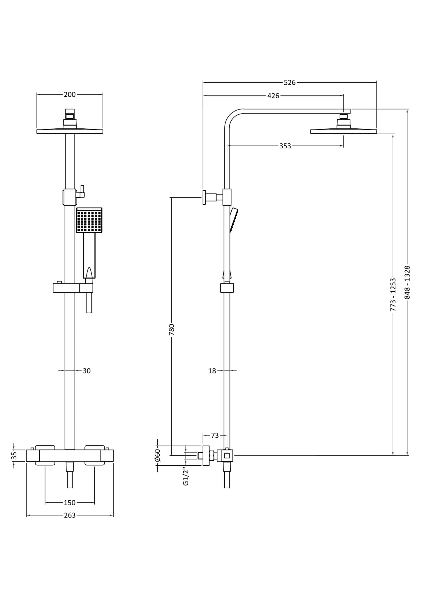 NUIE Square Thermostatic Bar Valve & Shower Kit