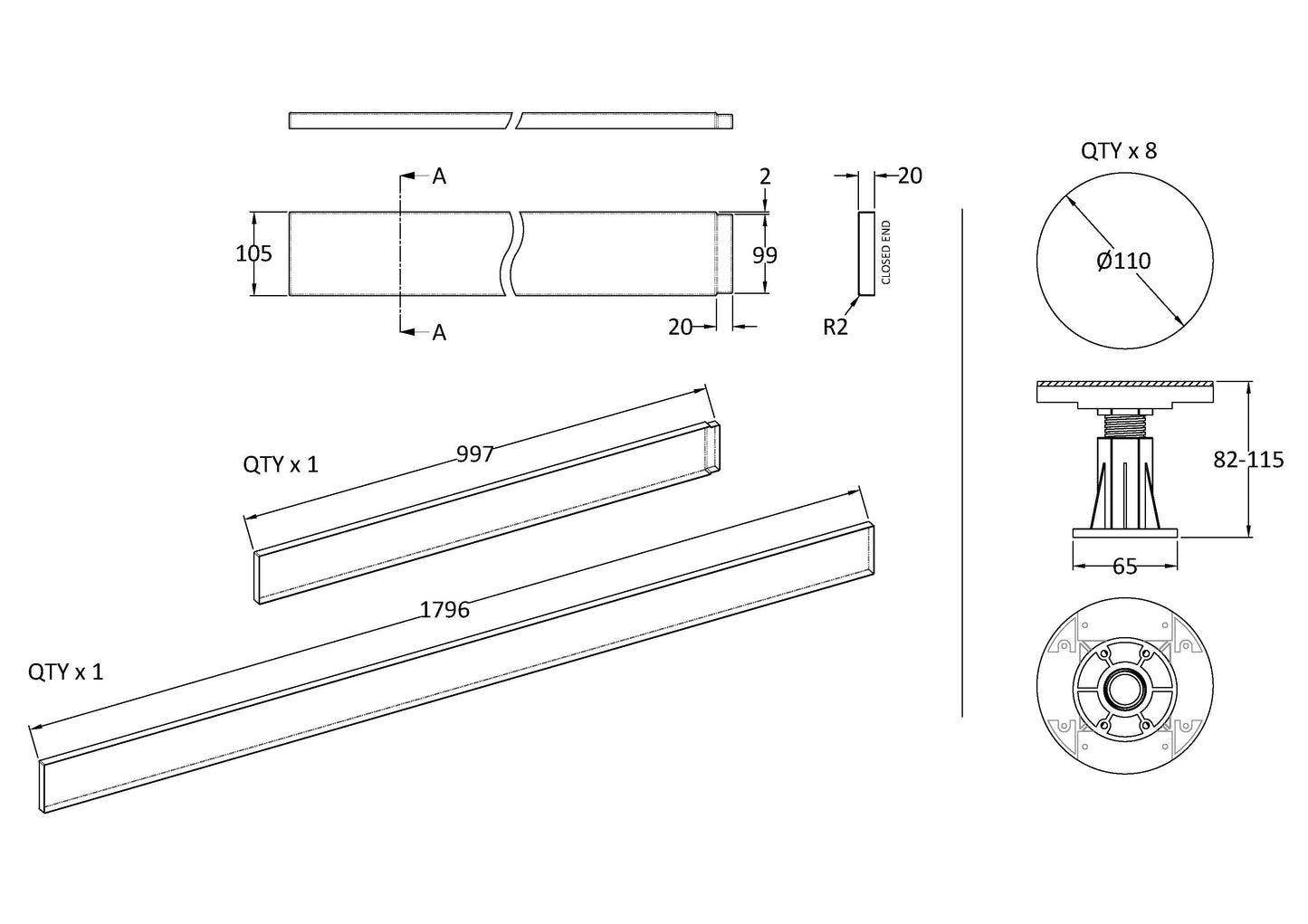NUIE Leg Set Suitable for 1100-1200 Rectangular Trays