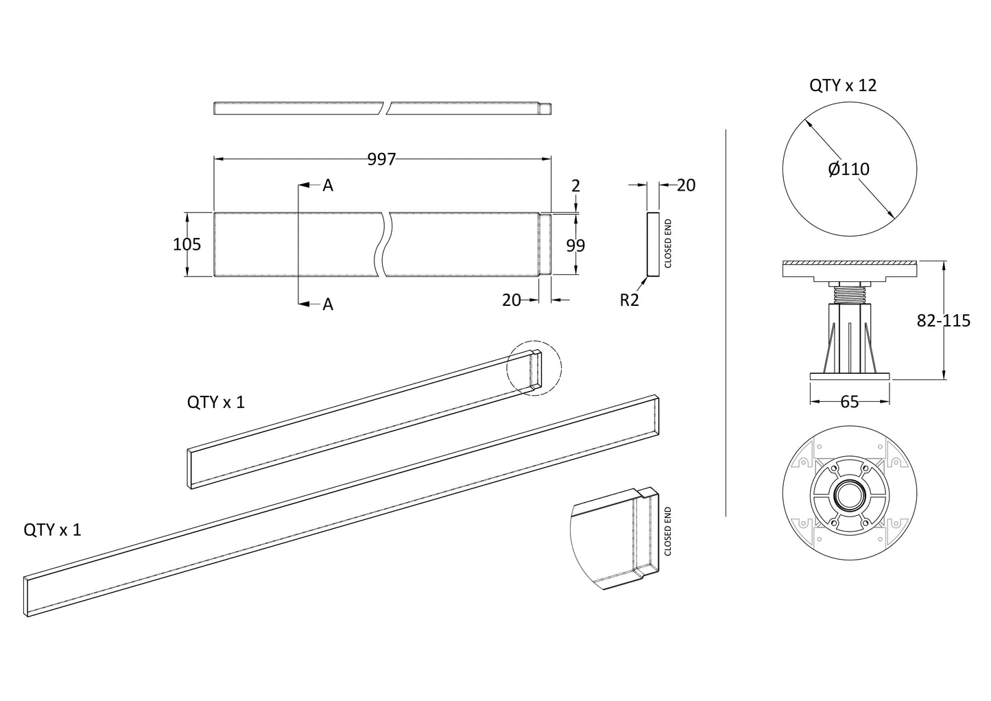 NUIE Leg Set Suitable for 1300-1800 Rectangular & Walk in Trays