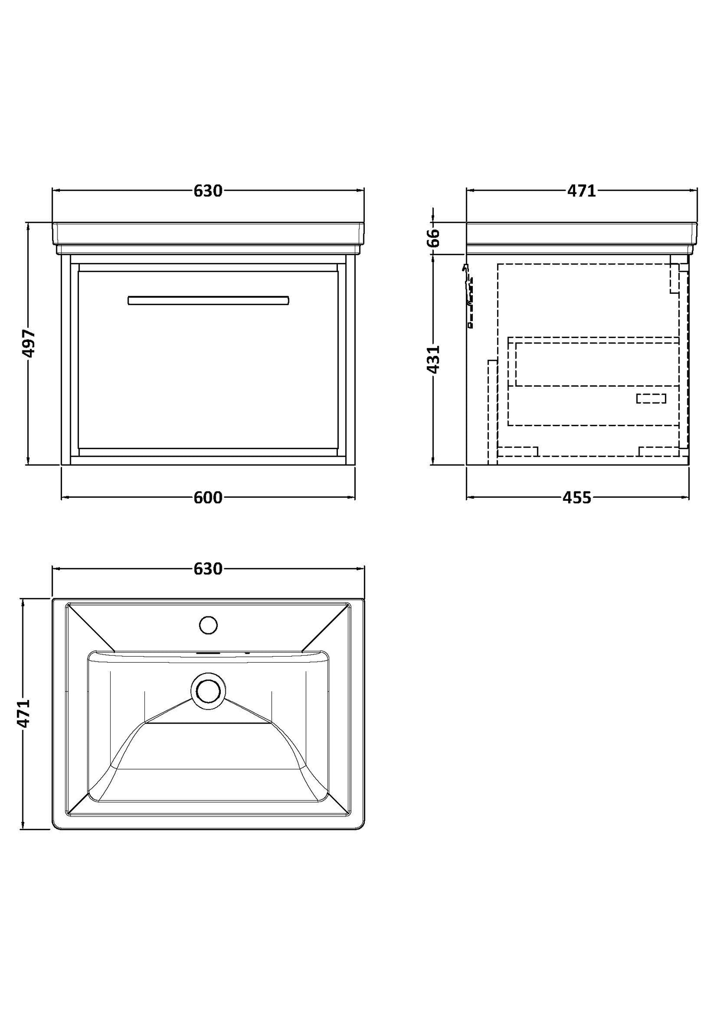 Hudson Reed 600mm Wall Hung Single Drawer Vanity with Basin - 1 Tap Hole