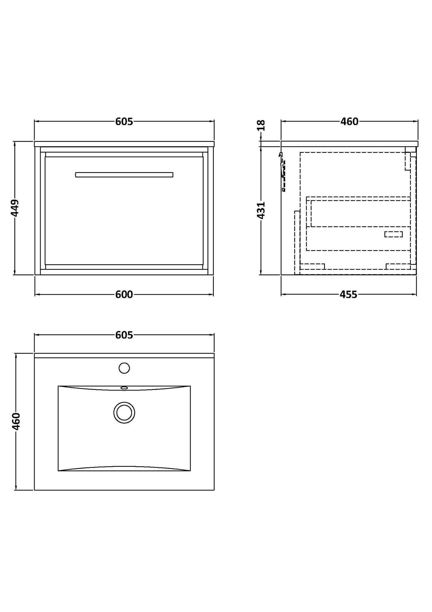 Hudson Reed 600mm Wall Hung Single Drawer Vanity with Basin - 1 Tap Hole