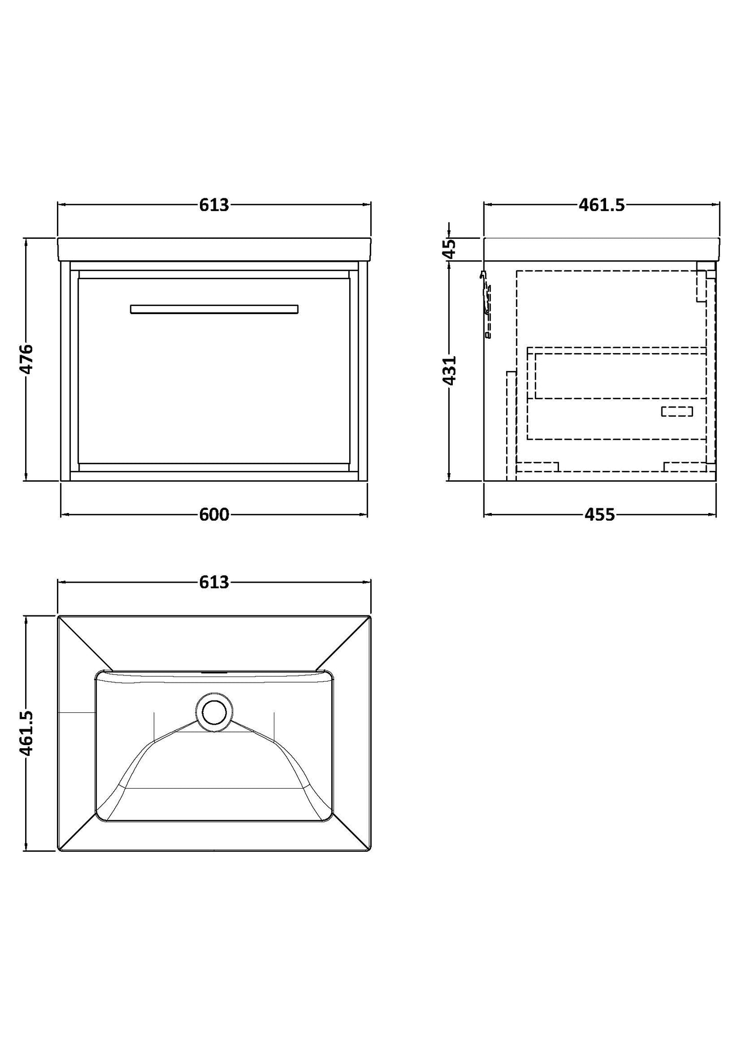 Hudson Reed 600mm Wall Hung Single Drawer Vanity with Basin - 0 Tap Hole