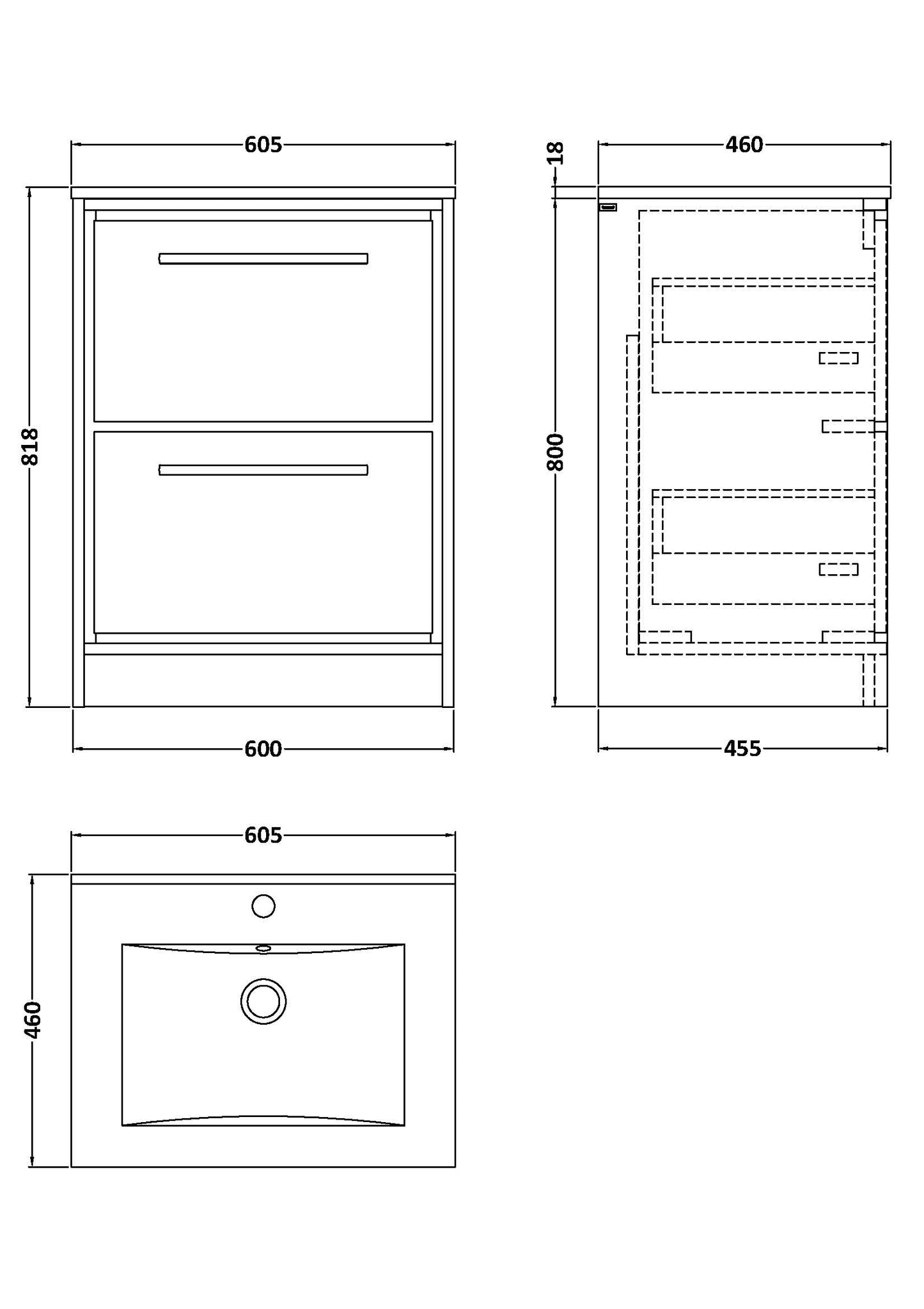 Hudson Reed 600mm Floor Standing 2-Drawer Vanity with Basin - 1 Tap Hole