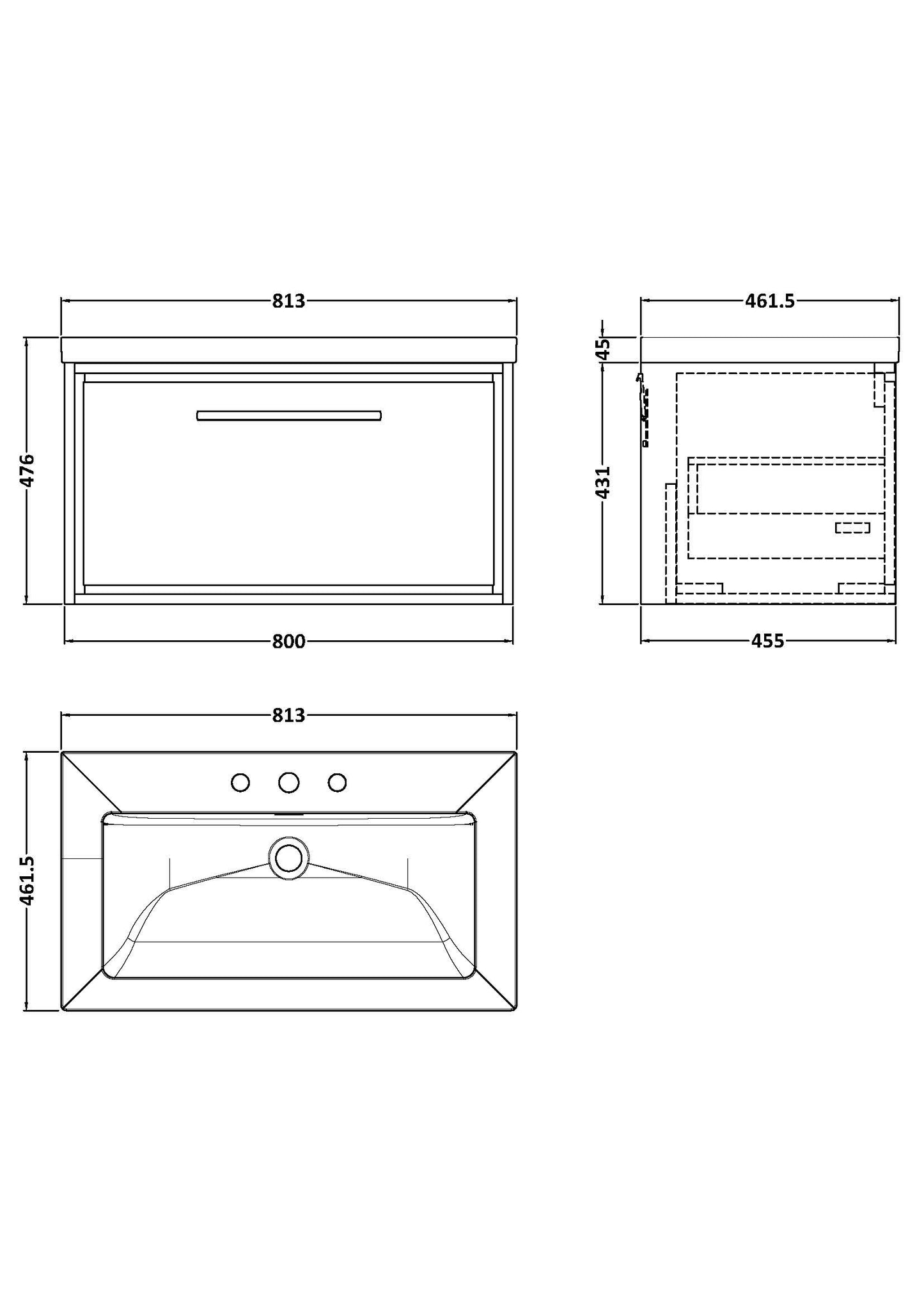 Hudson Reed 800mm Wall Hung Single Drawer Vanity with Basin - 3 Tap Hole