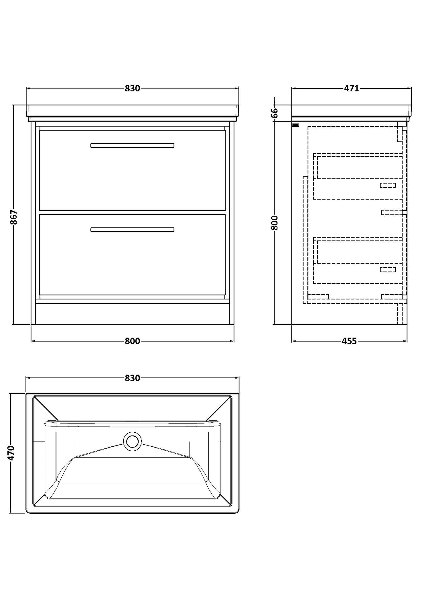 Hudson Reed 800mm Floor Standing 2-Drawer Vanity with Basin - 0 Tap Hole