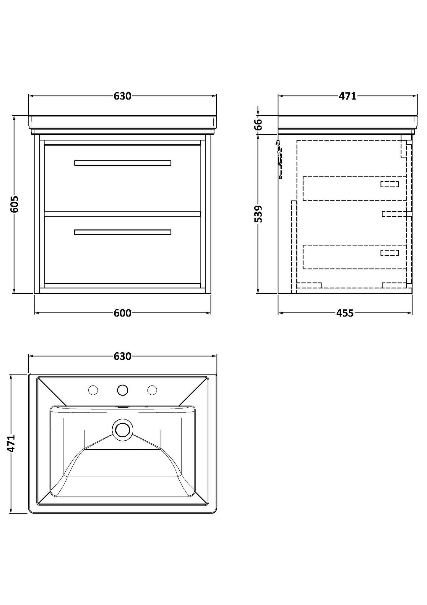 Hudson Reed 600mm Wall Hung 2-Drawer Vanity with Basin - 3 Tap Hole
