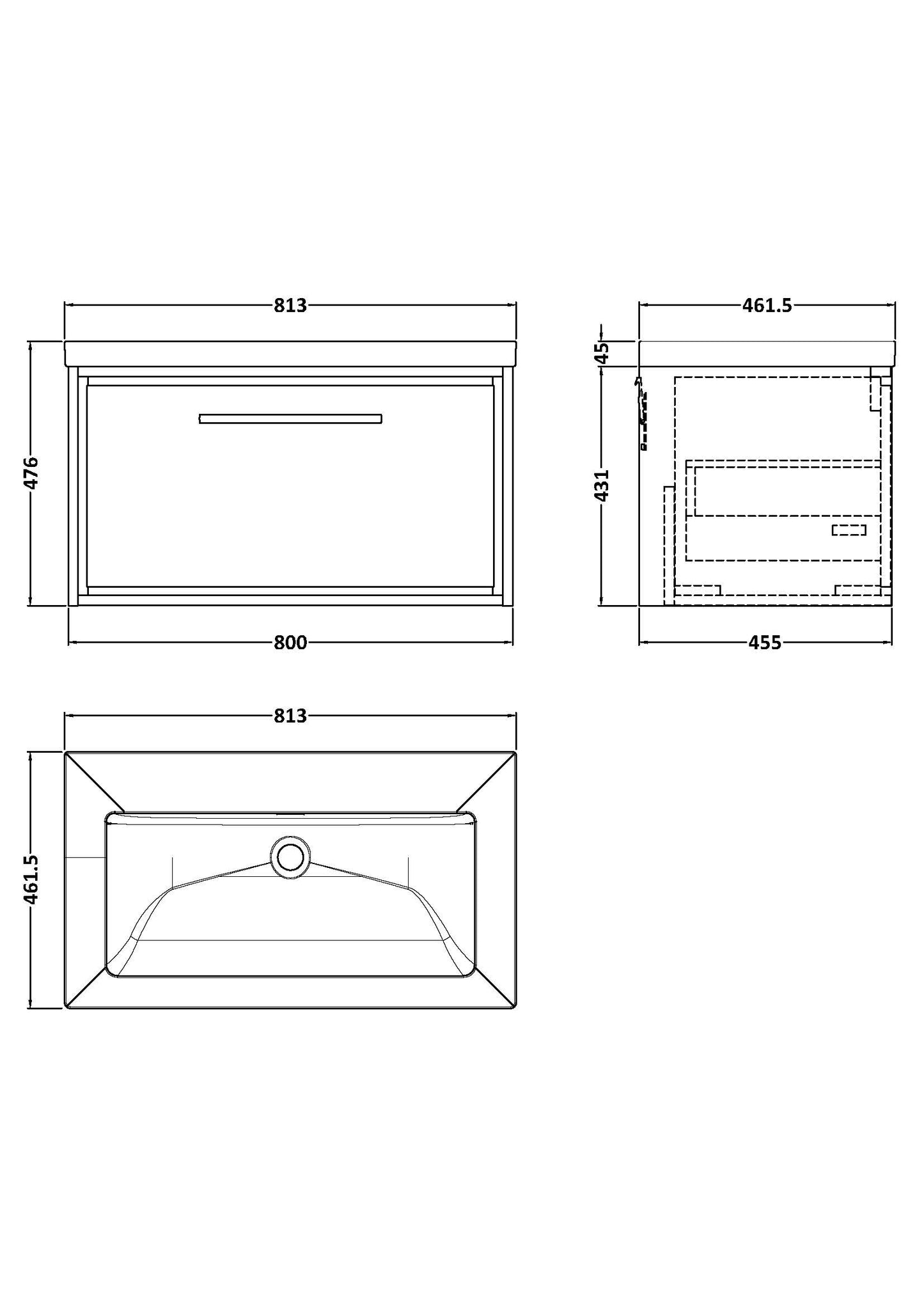 Hudson Reed 800mm Wall Hung Single Drawer Vanity with Basin - 0 Tap Hole