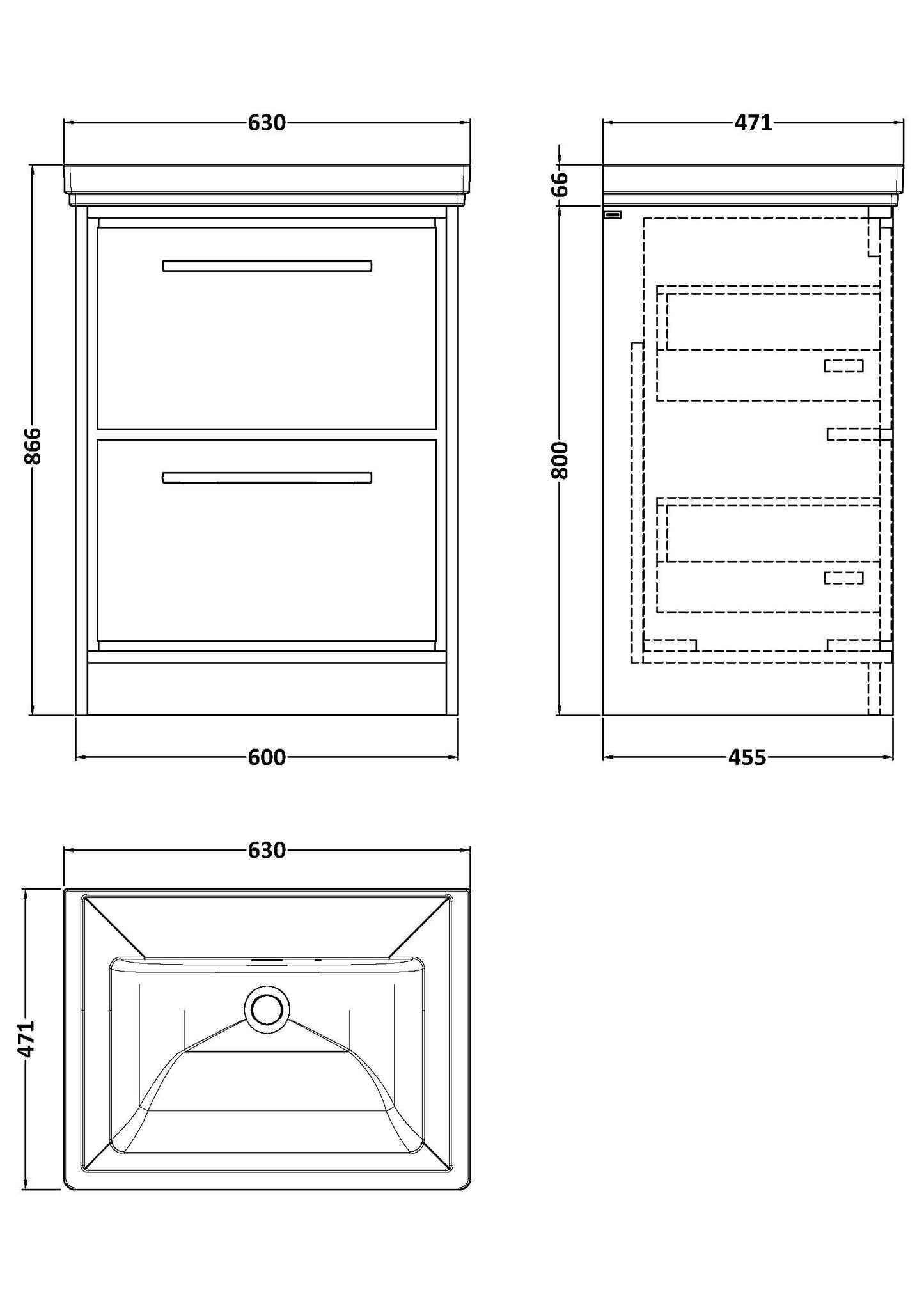 Hudson Reed 600mm Floor Standing 2-Drawer Vanity with Basin - 0 Tap Hole