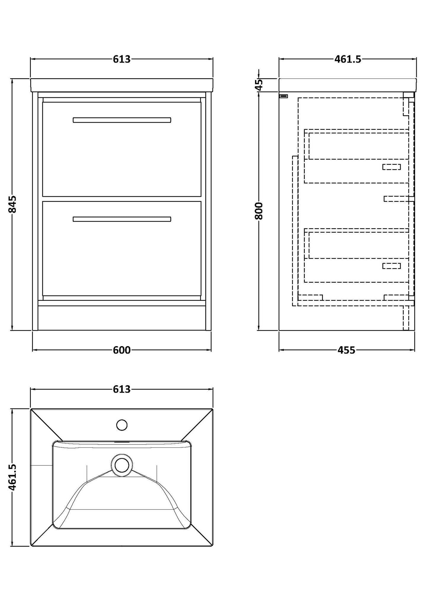 Hudson Reed 600mm Floor Standing 2-Drawer Vanity with Basin - 1 Tap Hole