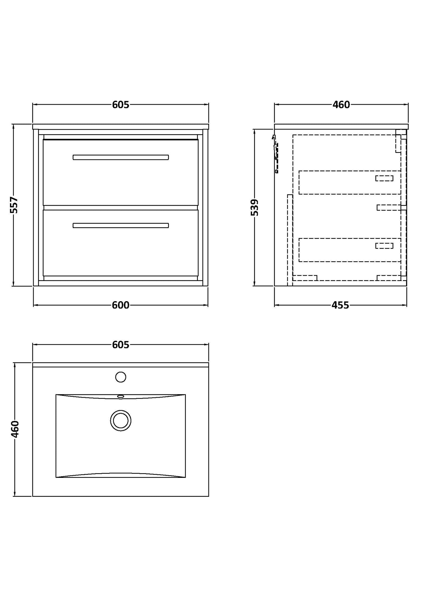 Hudson Reed 600mm Wall Hung 2-Drawer Vanity with Basin - 1 Tap Hole