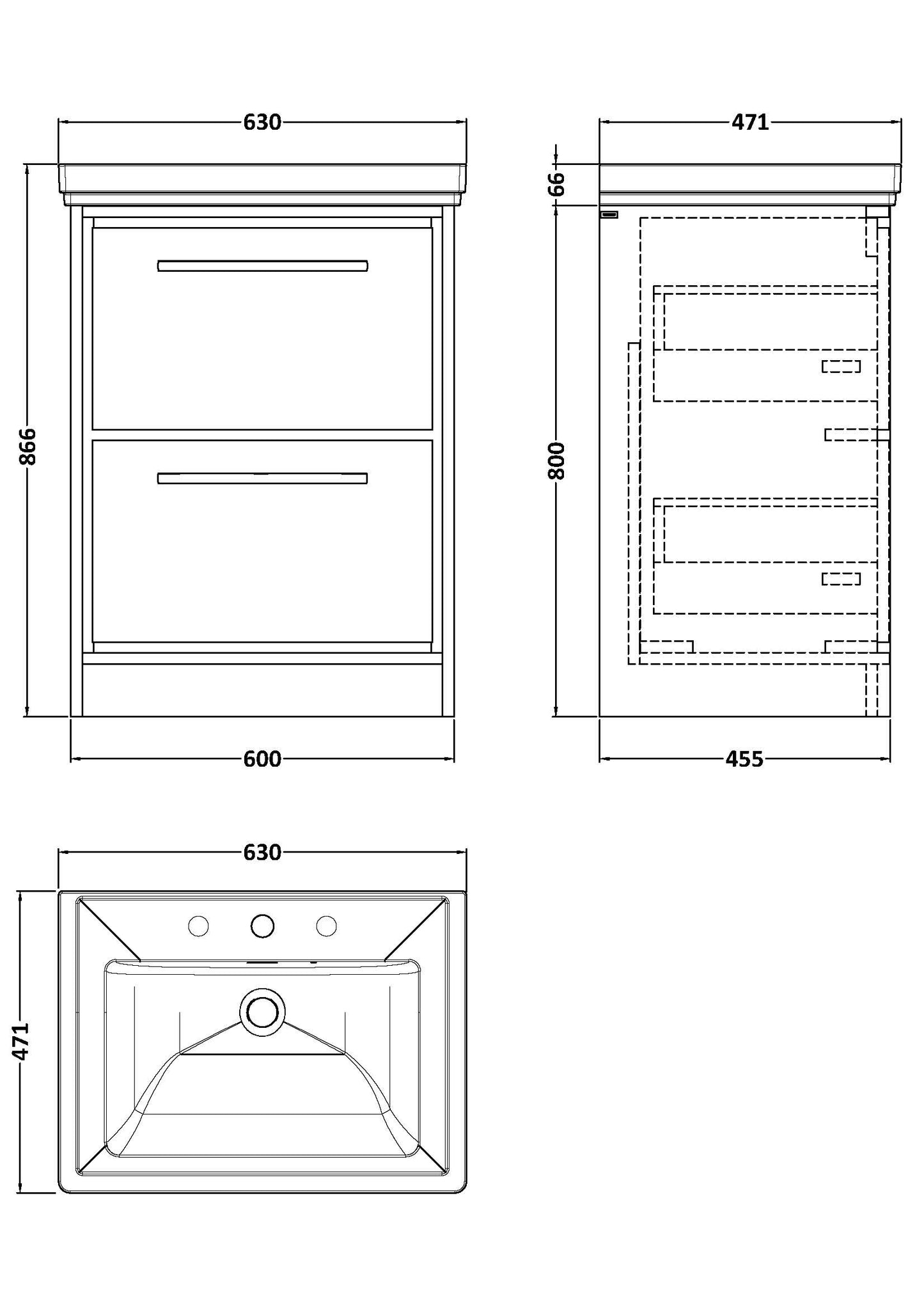 Hudson Reed 600mm Floor Standing 2-Drawer Vanity with Basin - 3 Tap Hole