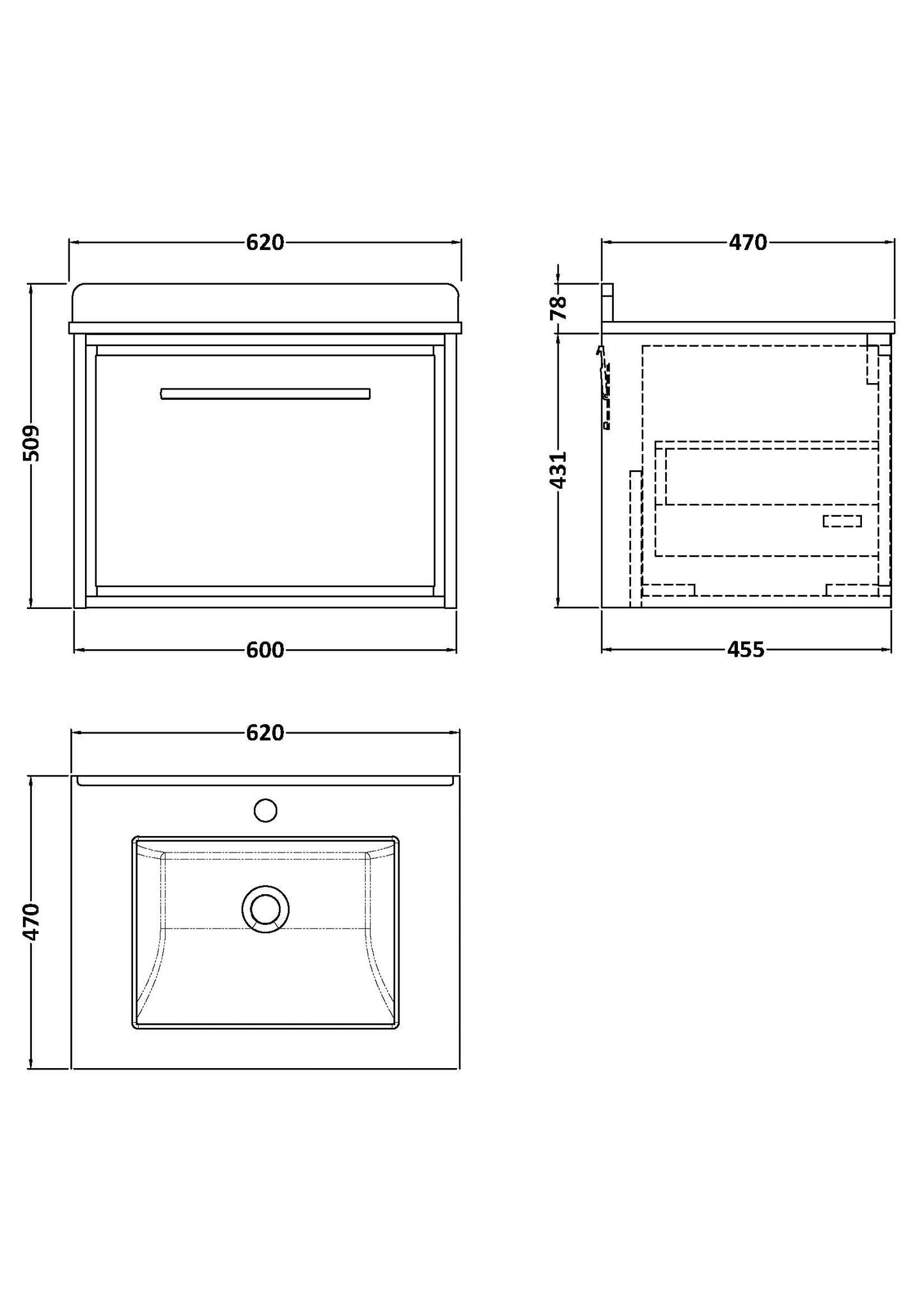Hudson Reed 600mm Wall Hung Single Drawer Vanity with Marble Worktop Basin