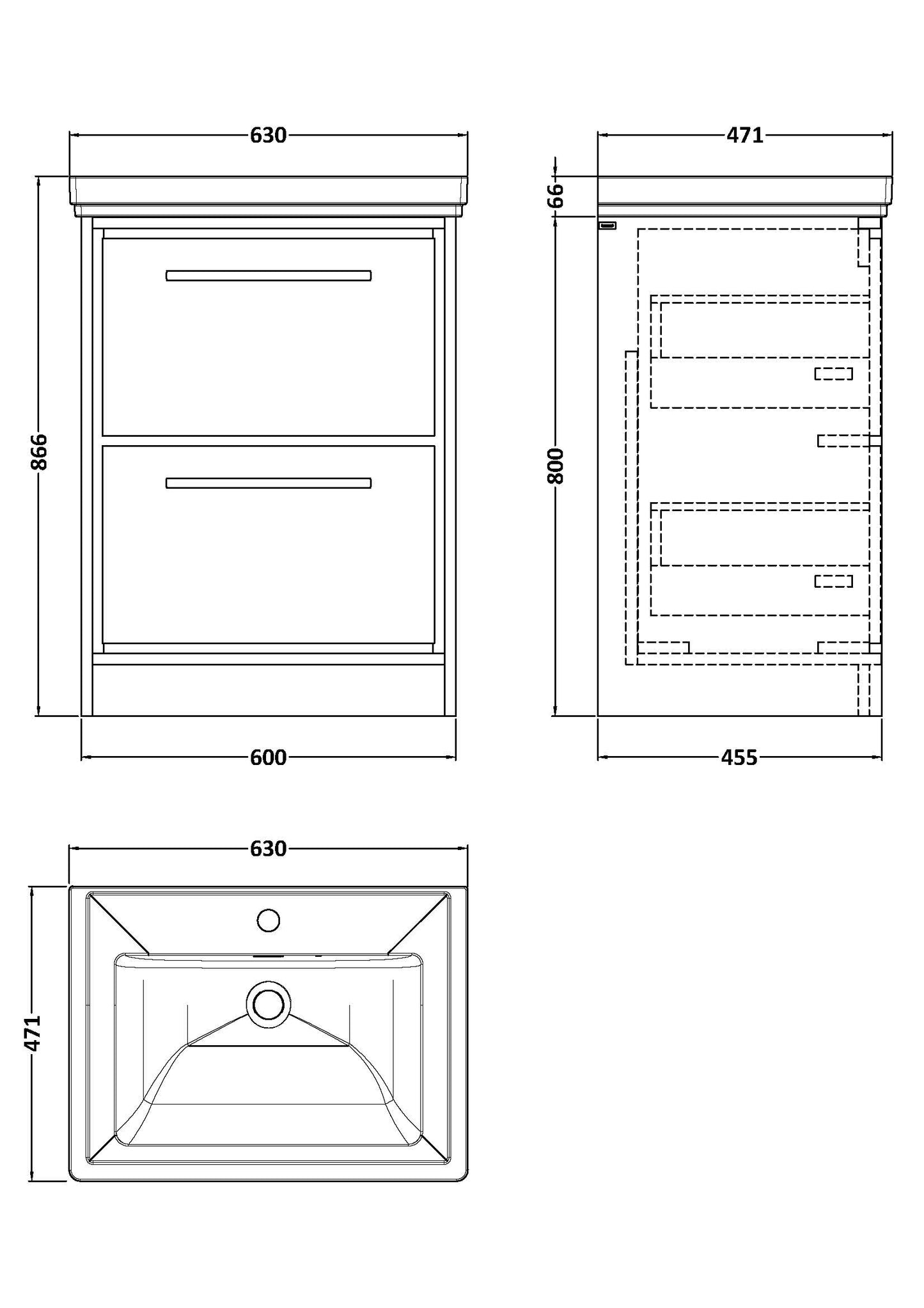 Hudson Reed 600mm Floor Standing 2-Drawer Vanity with Basin - 1 Tap Hole
