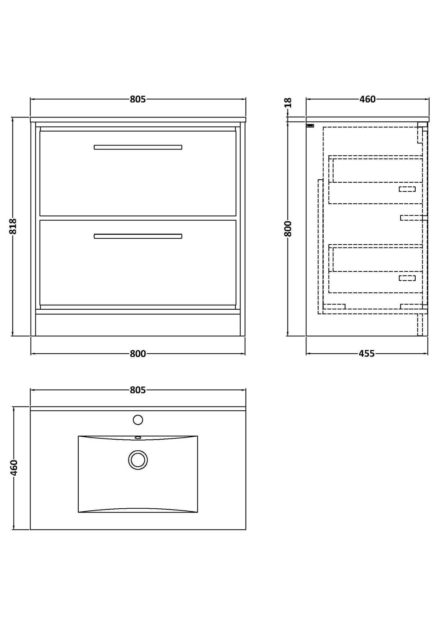 Hudson Reed 800mm Floor Standing 2-Drawer Vanity with Basin - 1 Tap Hole