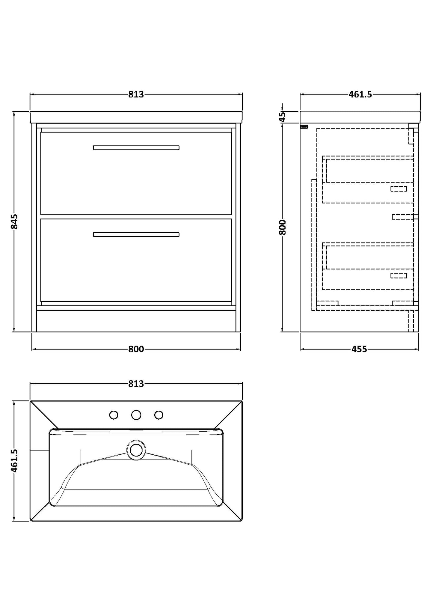 Hudson Reed 800mm Floor Standing 2-Drawer Vanity with Basin - 3 Tap Hole