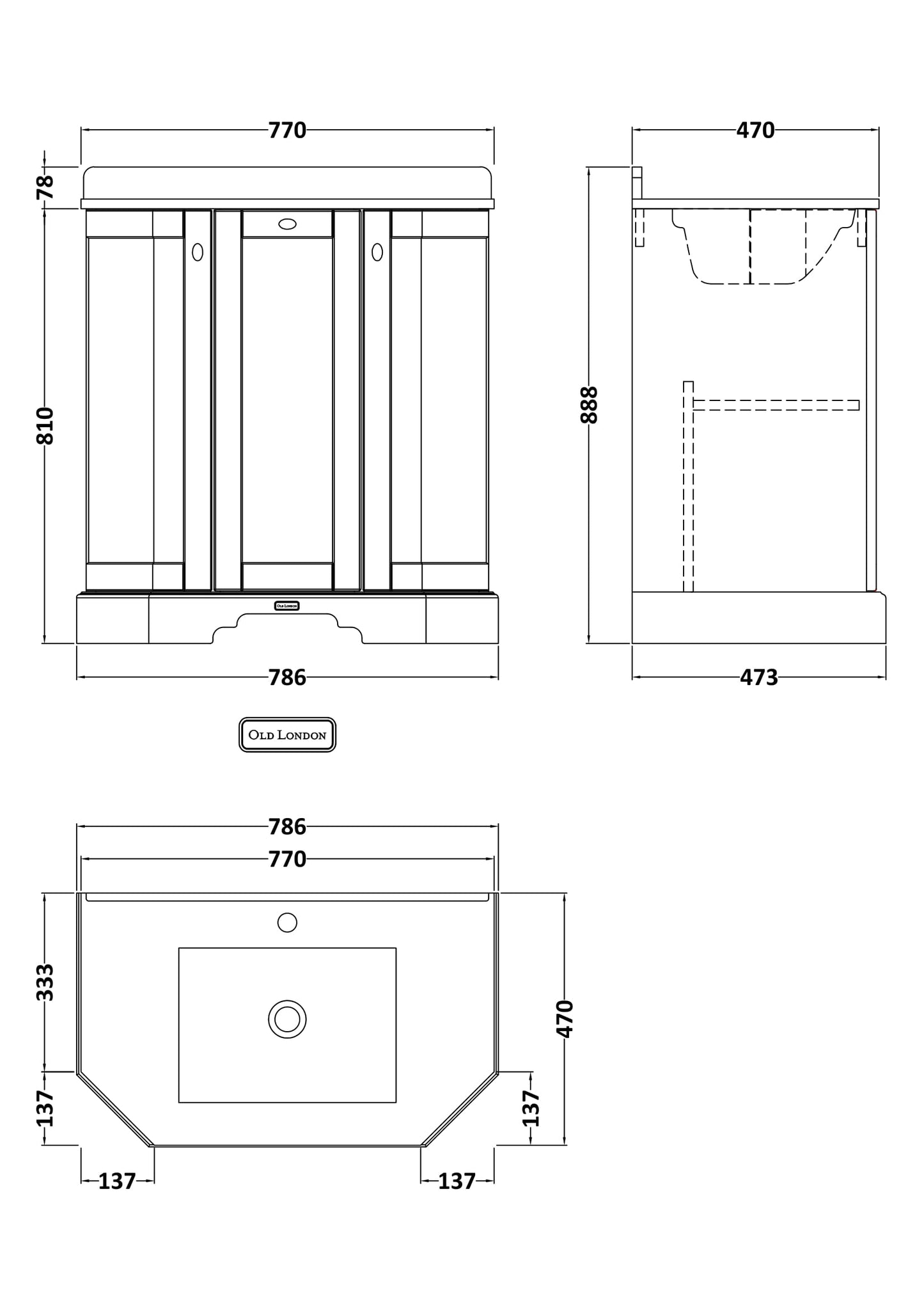 Hudson Reed 750mm 3-Door Angled Unit & Marble Top 1TH