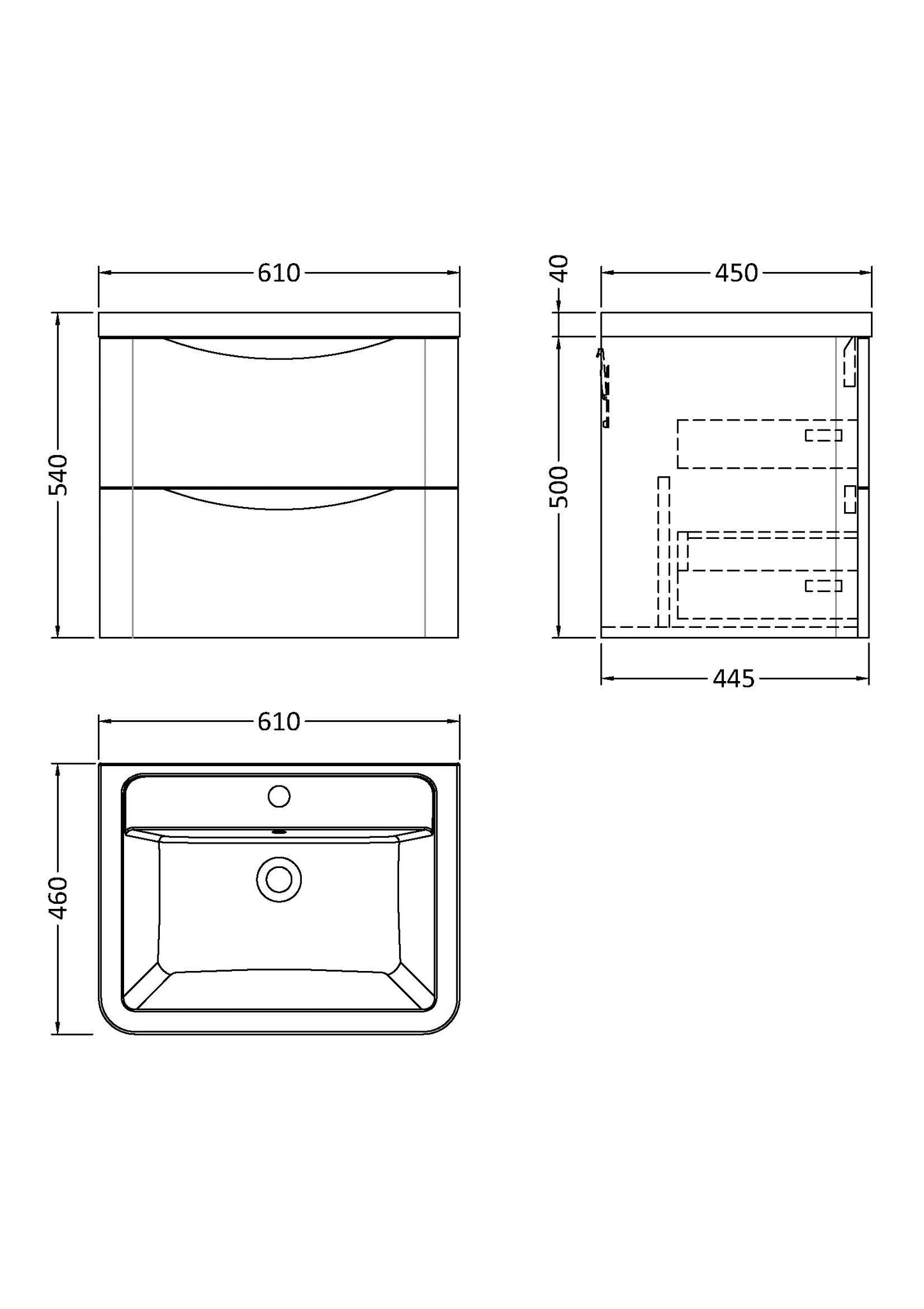 NUIE 600mm Wall Hung 2 Drawer Vanity & Ceramic Basin