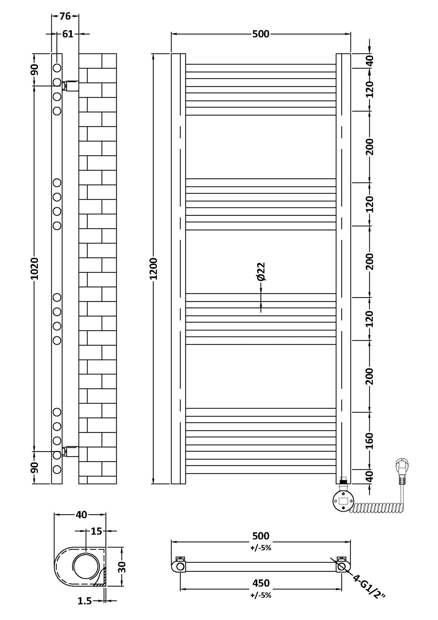 NUIE Round Straight Towel Radiator 1200x500