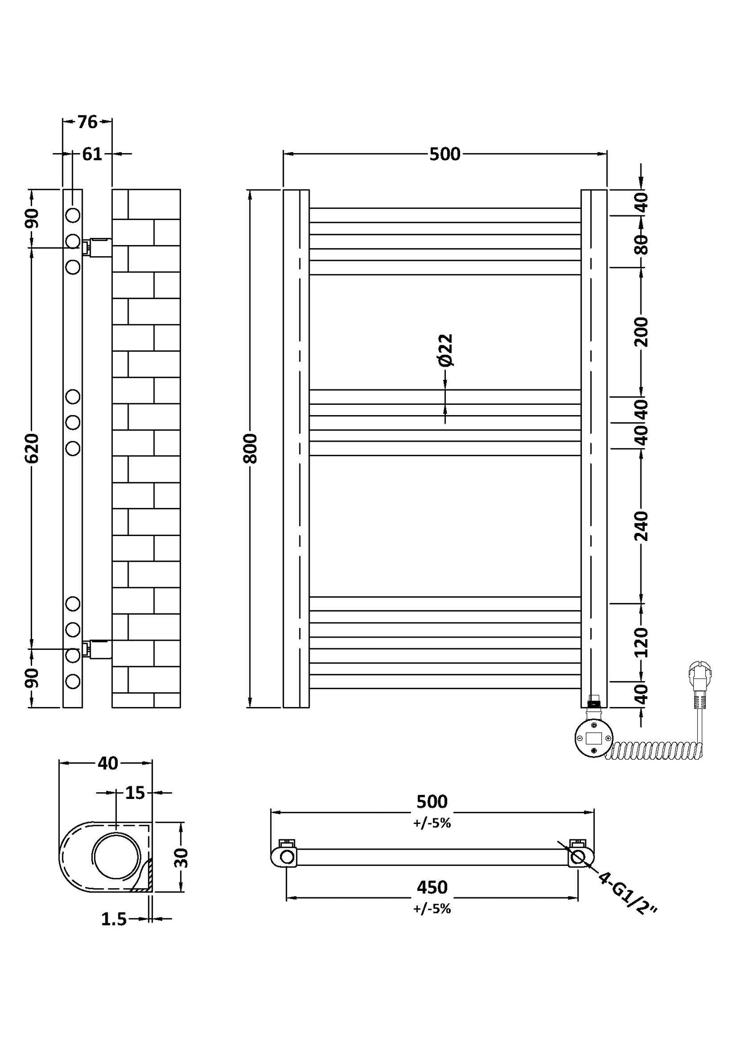 NUIE Round Straight Towel Radiator 800x500