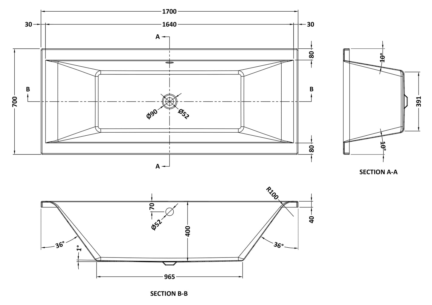 NUIE Square Double Ended Bath 1700 x 700mm