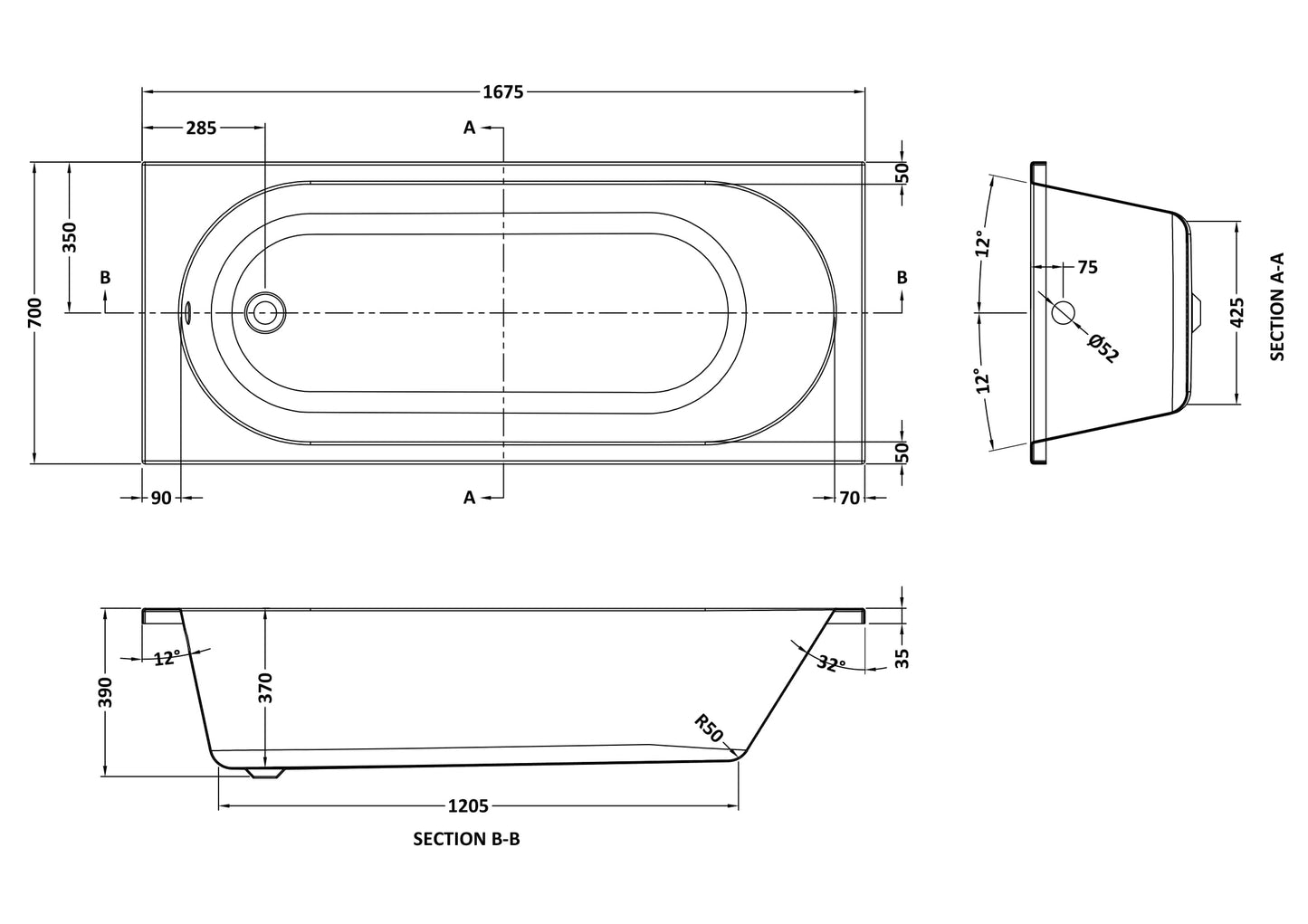 NUIE Round Straight Bath 1675 x 700mm